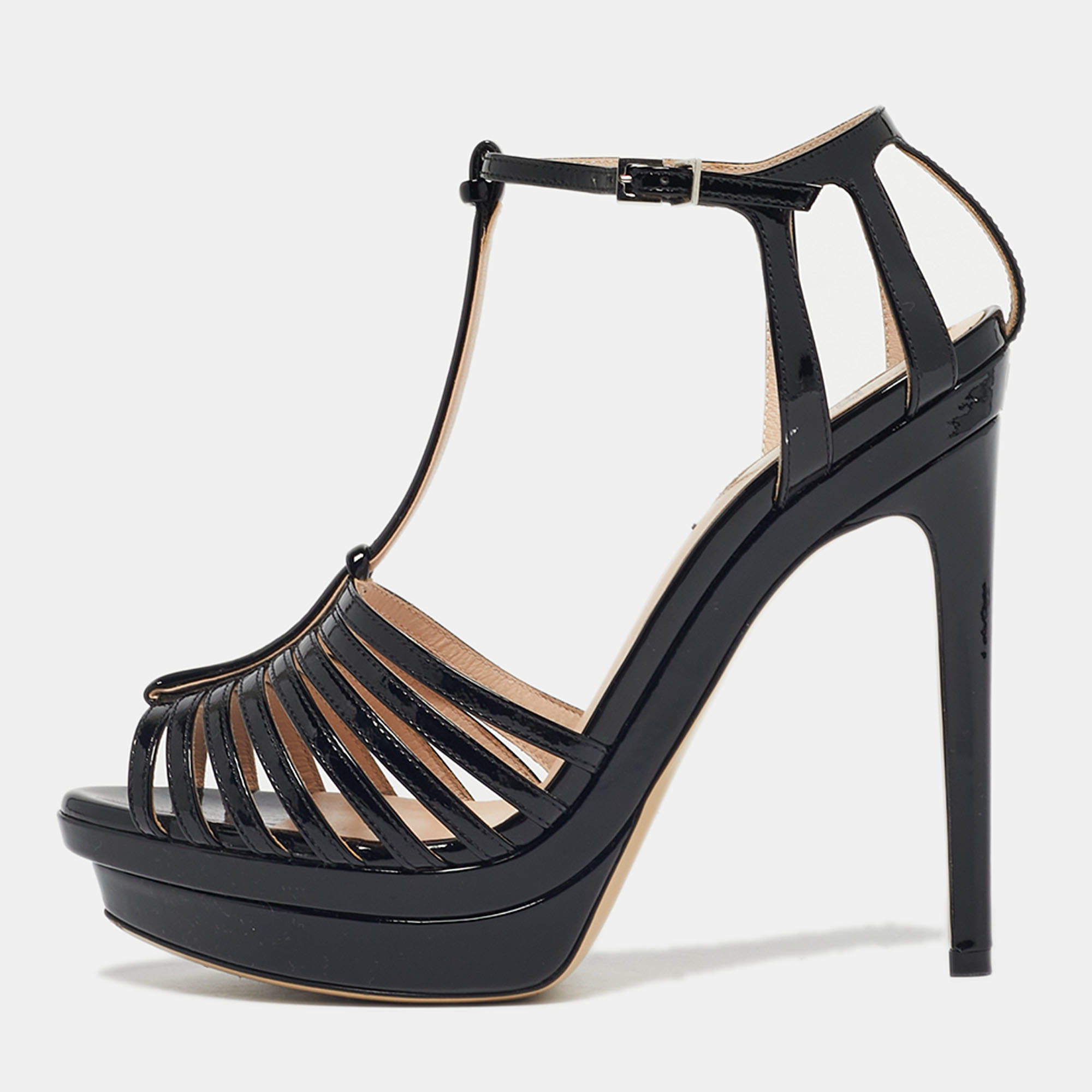 Pre Owned Fendi Black Patent Leather Strappy T-Bar Platform Sandals Size 37