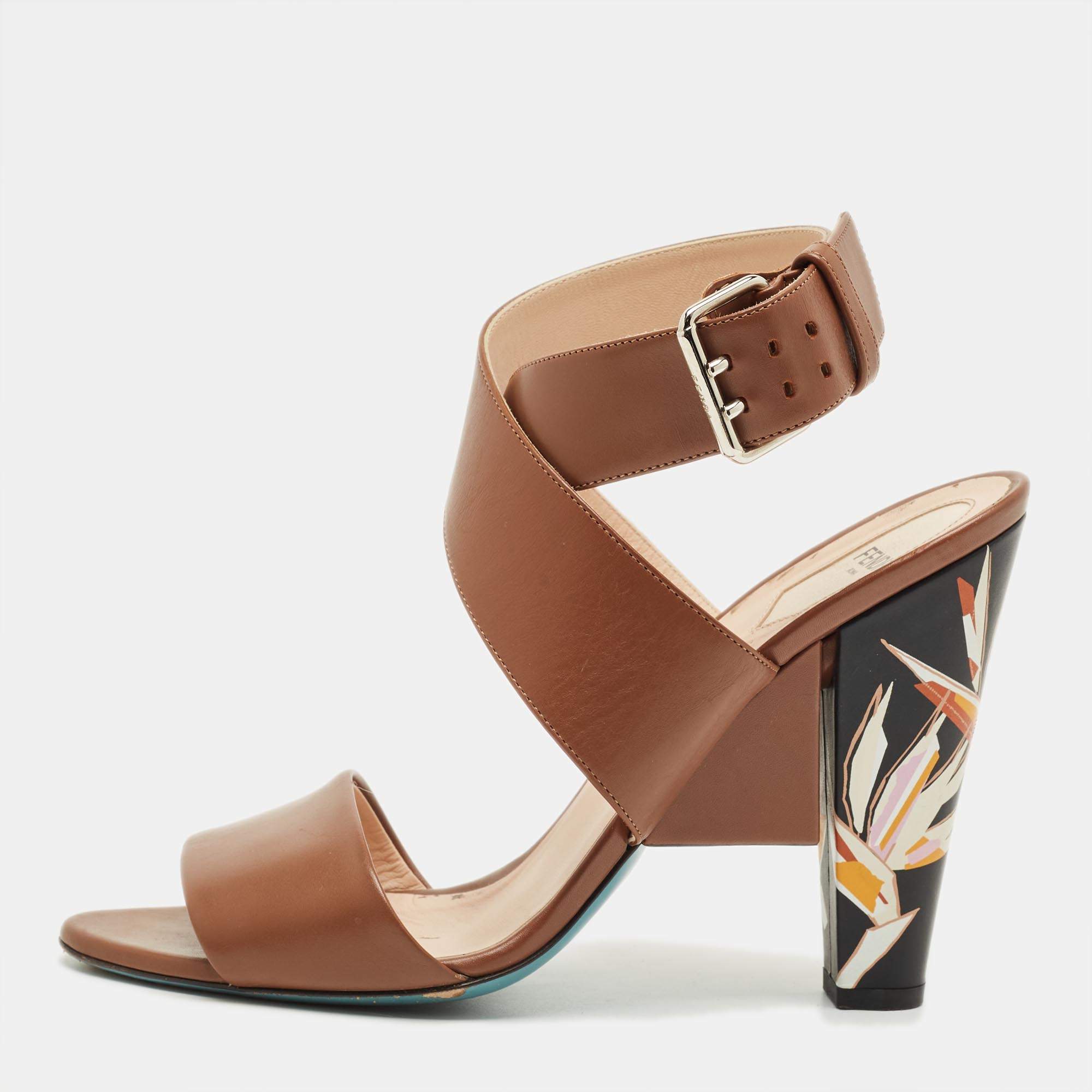 Pre Owned Fendi Brown Leather Ankle Strap Sandals Size 41