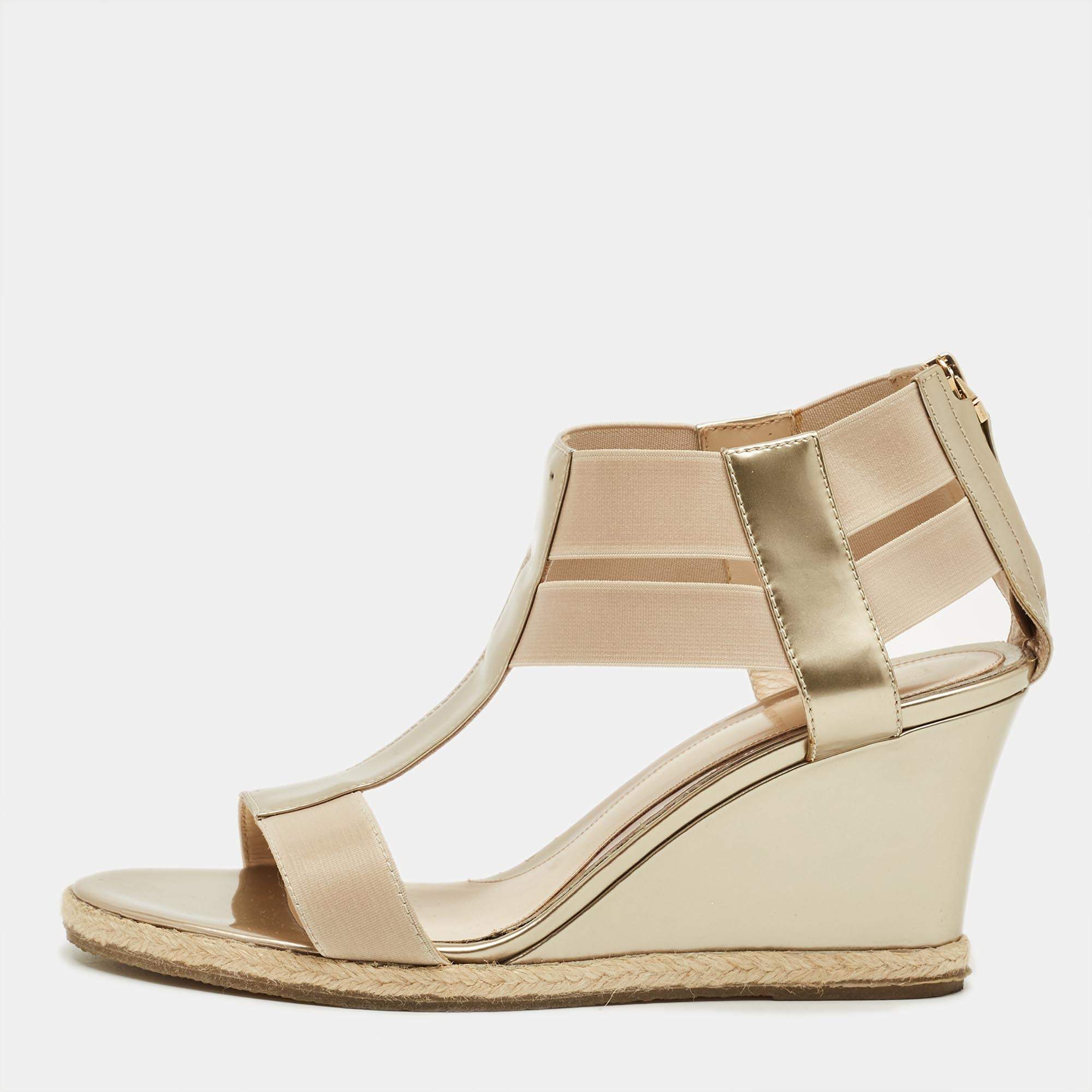 Pre Owned Fendi Beige Elastic and Patent Leather T-Strap Wedge Espadrille Sandals Size 38