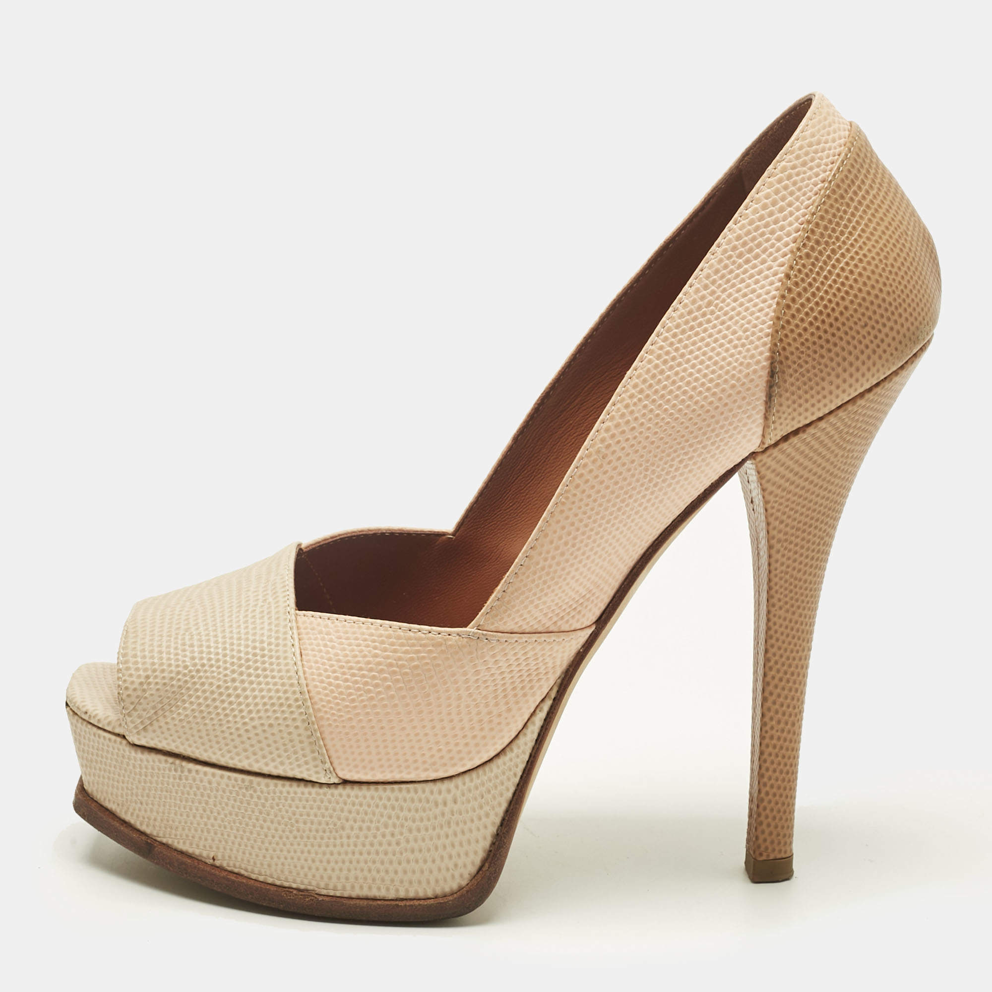 Pre Owned Fendi Tri Color Fendista Colorblock Lizard-Embossed Leather Peep Toe Platform Pumps Size 39