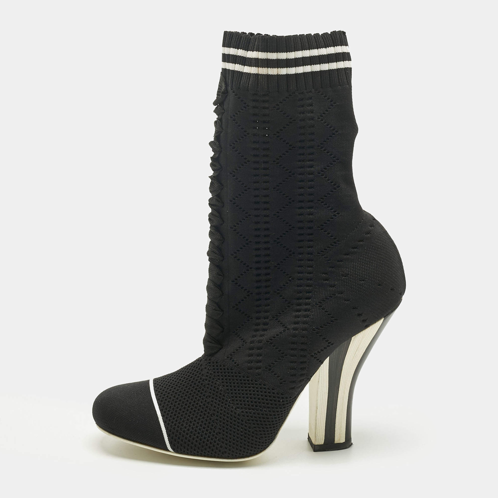 Pre Owned Fendi Black Knit Fabric Rockoko Ankle Length Boots Size 37