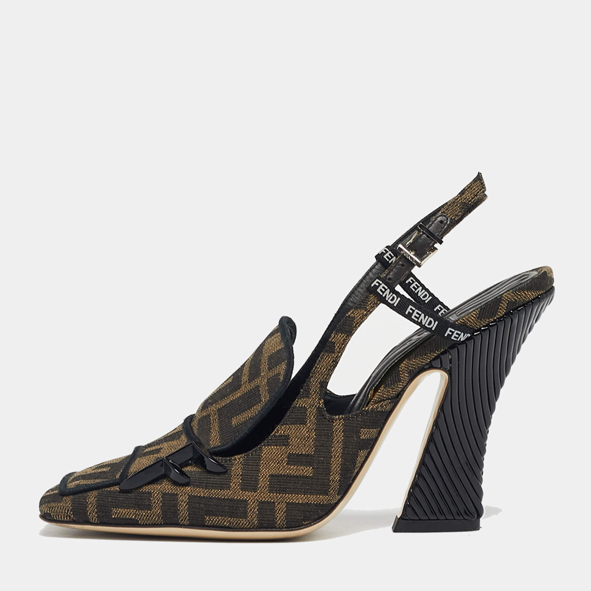 Pre Owned Fendi Tobacco Zucca Canvas FFreedom Slingback Pumps Size 36