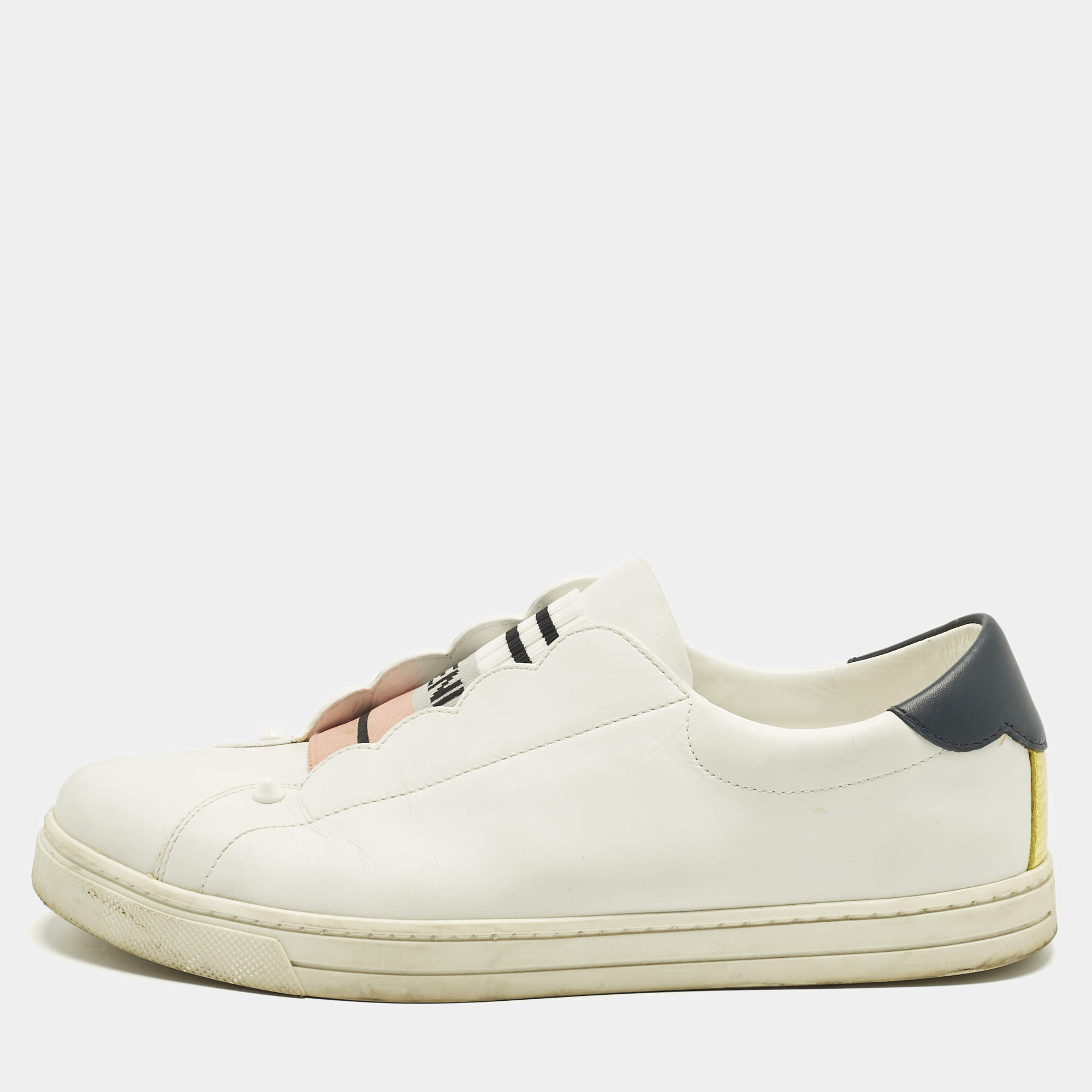 Pre Owned Fendi White Leather Logo Knit Rockoko Scallop Detail Slip On Sneakers Size 39.5