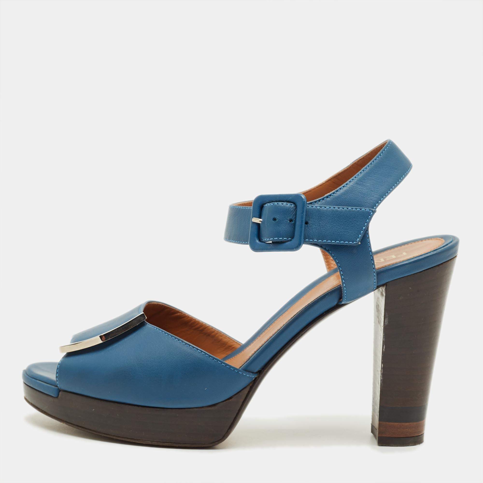 Pre Owned Fendi Blue Leather Peep Toe Platform Ankle Strap Sandals Size 39
