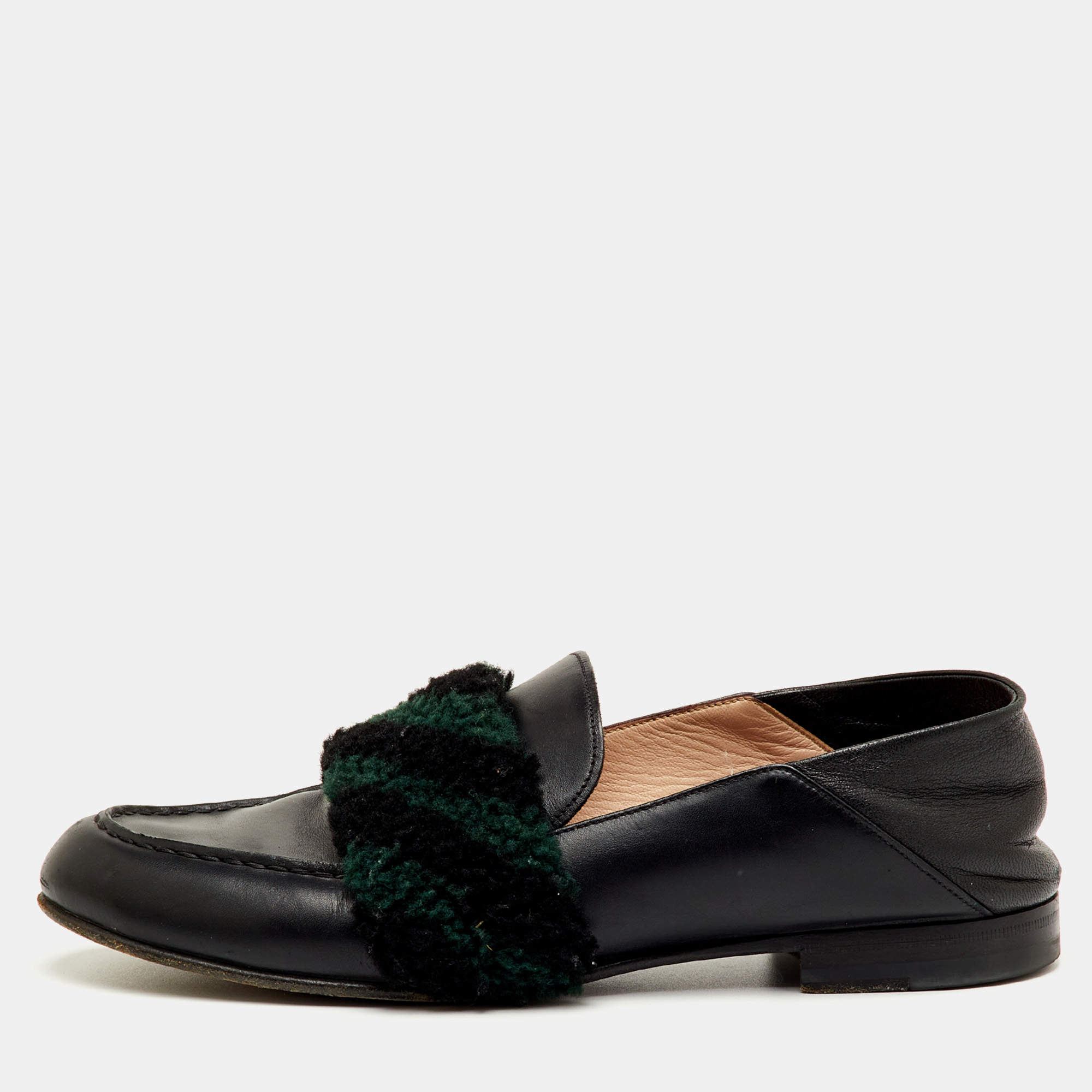 Pre Owned Fendi Multicolor Leather and Shearling Fur Flower Slip On Loafers Size 40