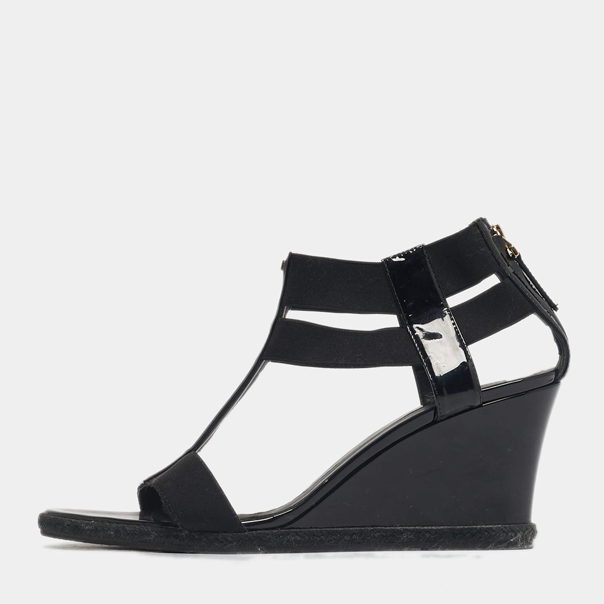 Pre Owned Fendi Size 41 Black Elastic and Patent Leather Espadrille Wedge Sandals
