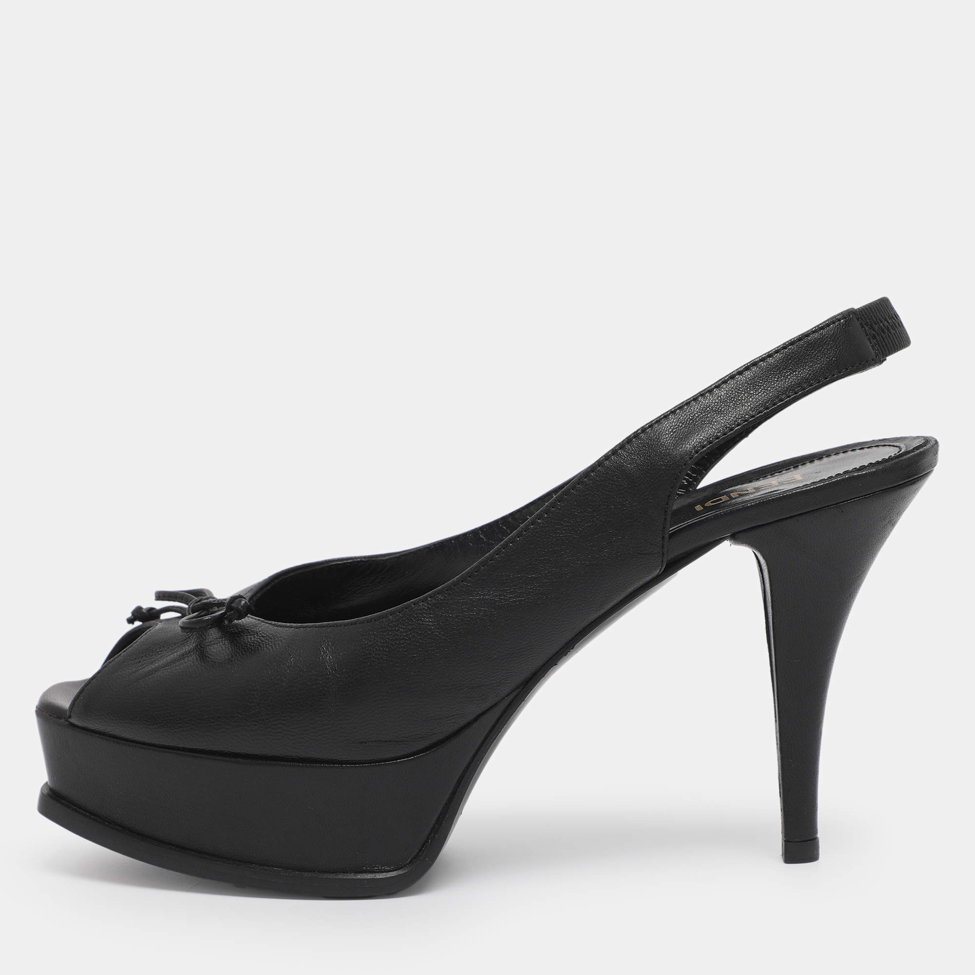 Pre Owned Fendi Fendista Bow Size 39 Black Leather Slingback Platform Pumps