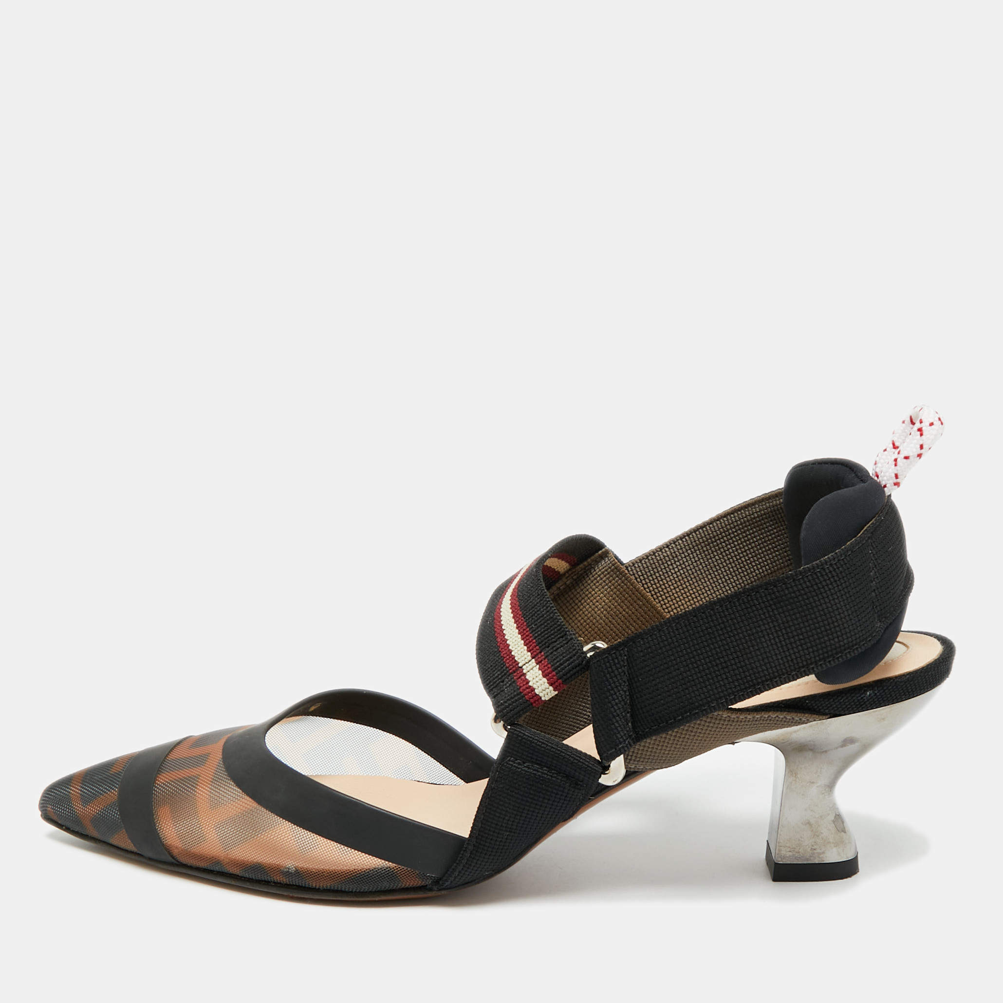 مملوكة مسبقًا حذاء كعب عالي فاندي كوليبري مطاط وشبكة وقماش أسود/بني حجم 37