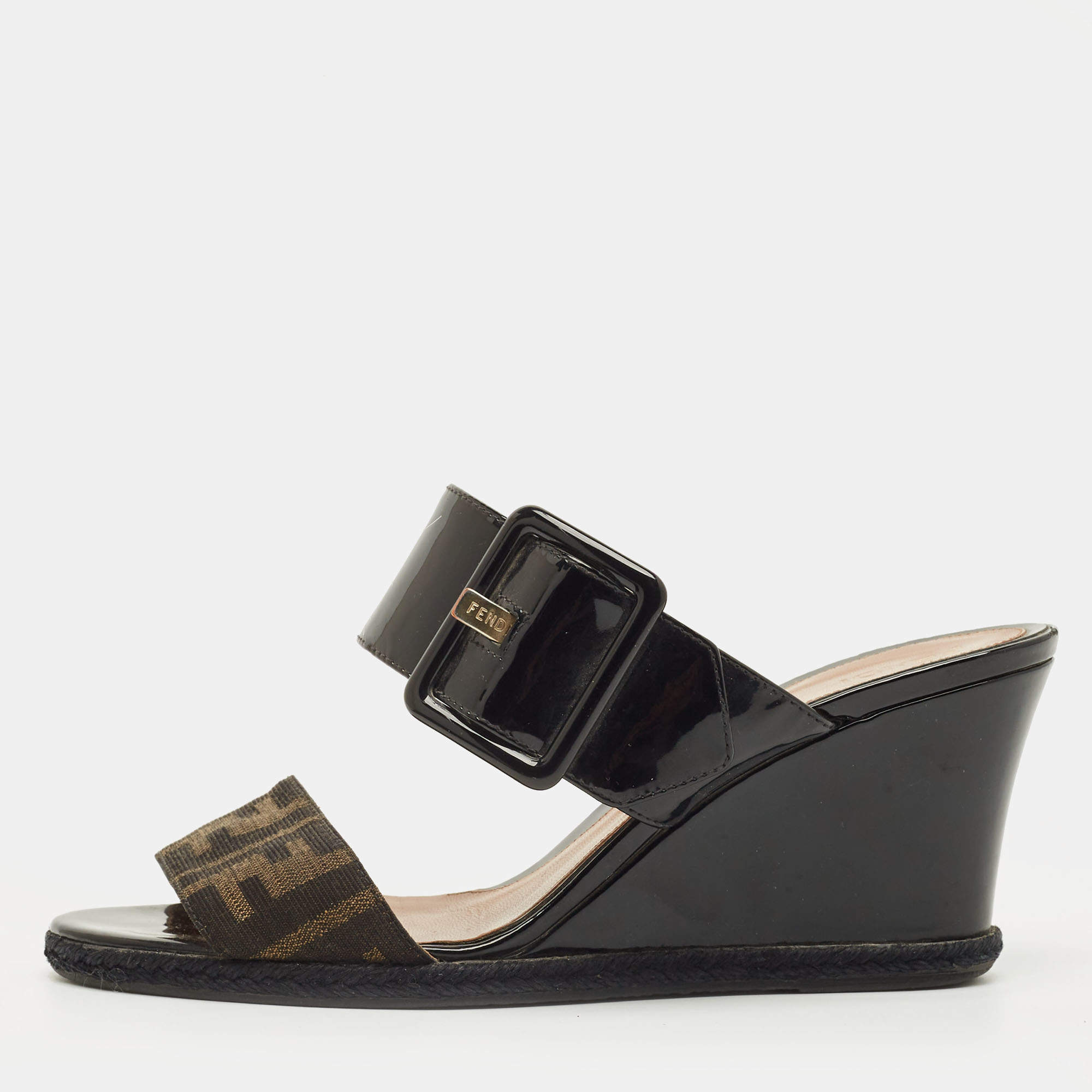 Pre Owned Fendi Size 37 Black Zucca Canvas and Patent Leather Wedge Slide Sandals