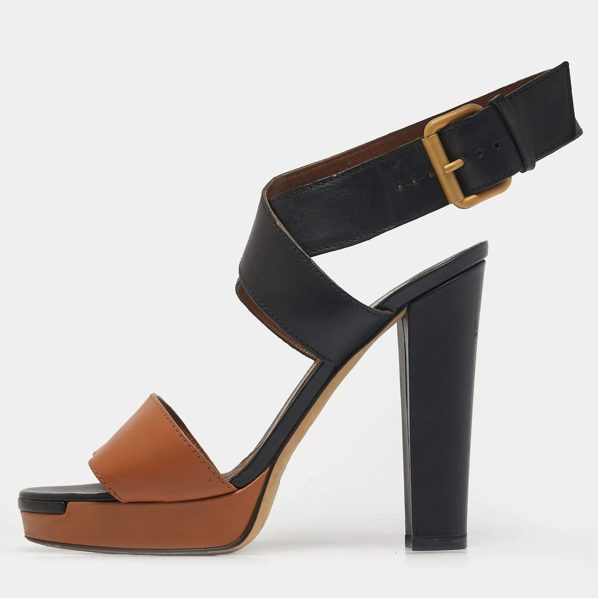 مملوكة مسبقًا Fendi Size 37.5 Brown/Black Leather Ankle Strap Platform Sandals