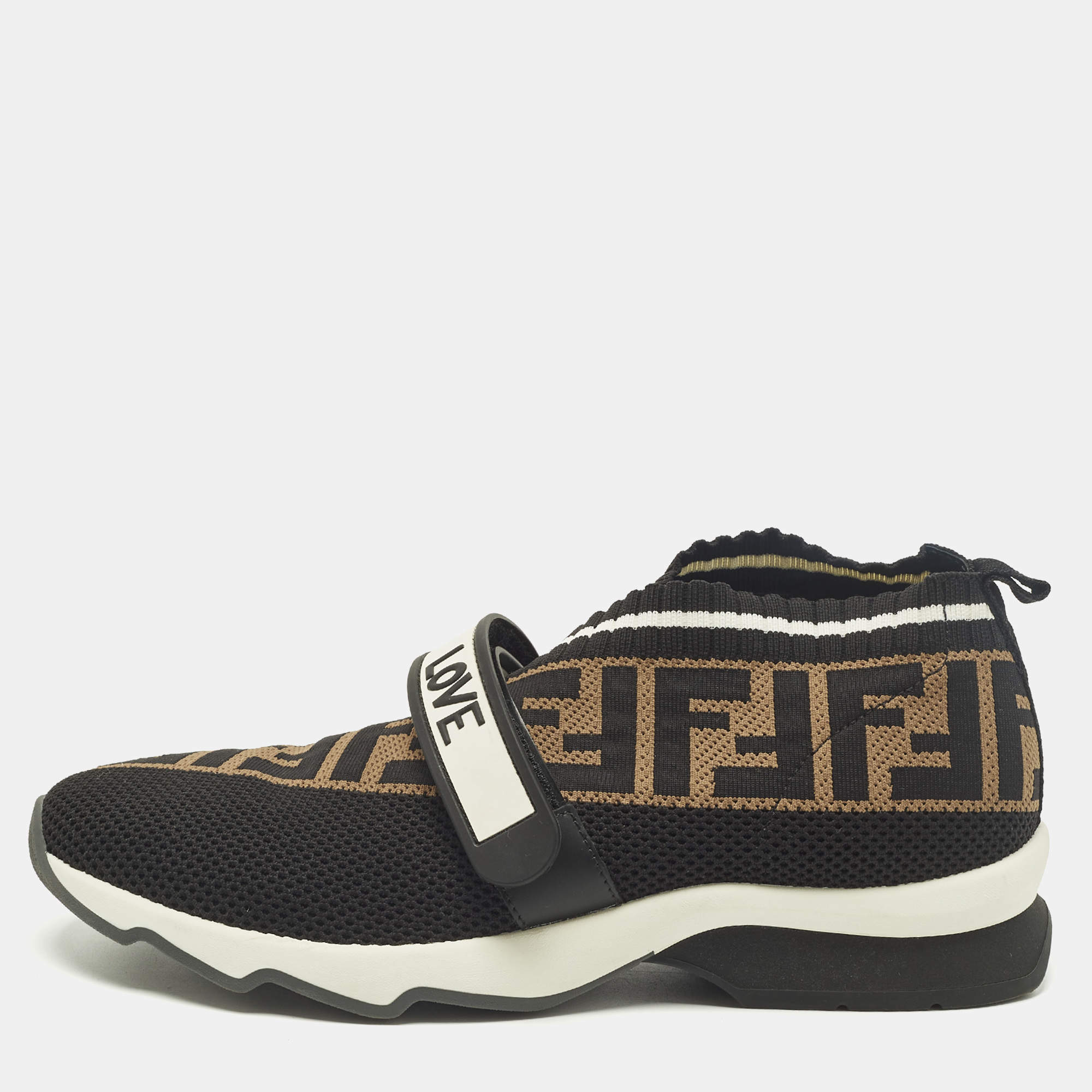 مملوكة مسبقًا Fendi Rockoko Size 39 Black/Brown FF Knit Fabric Slip On Sneakers