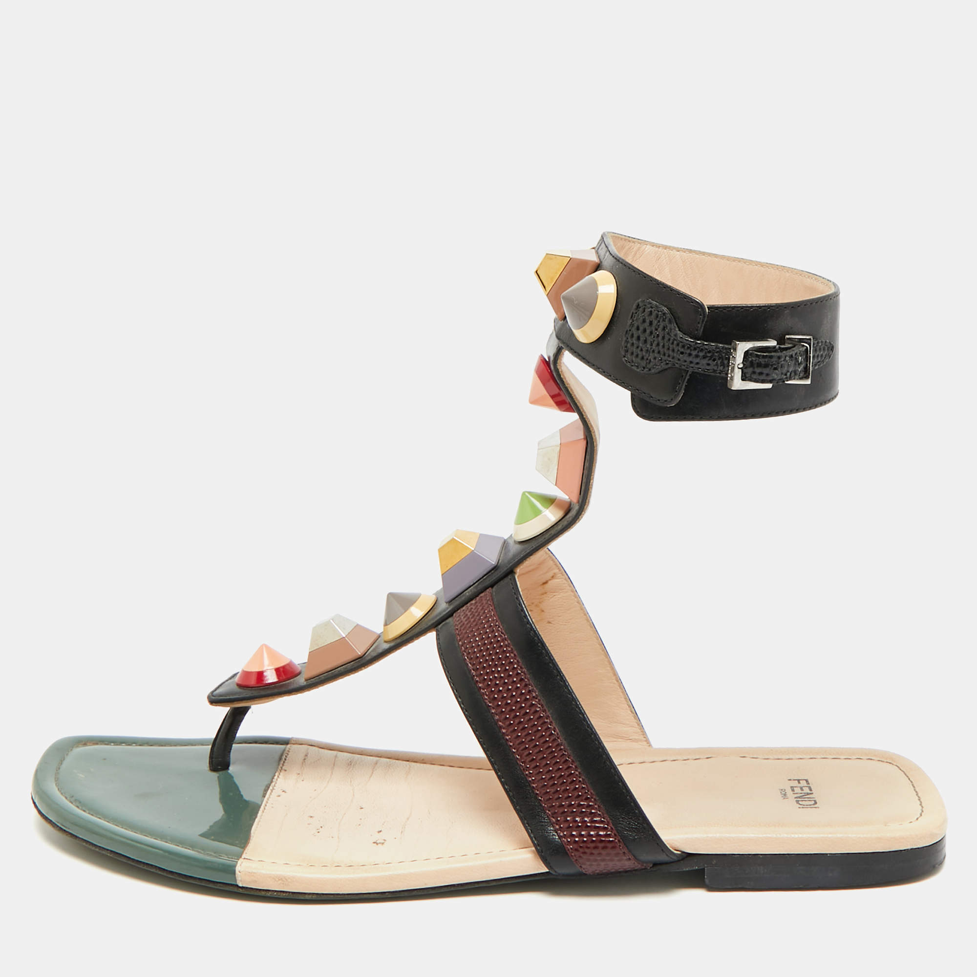 Pre Owned Fendi Size 41 Multicolor Leather Studded Ankle Cuff Flat Sandals
