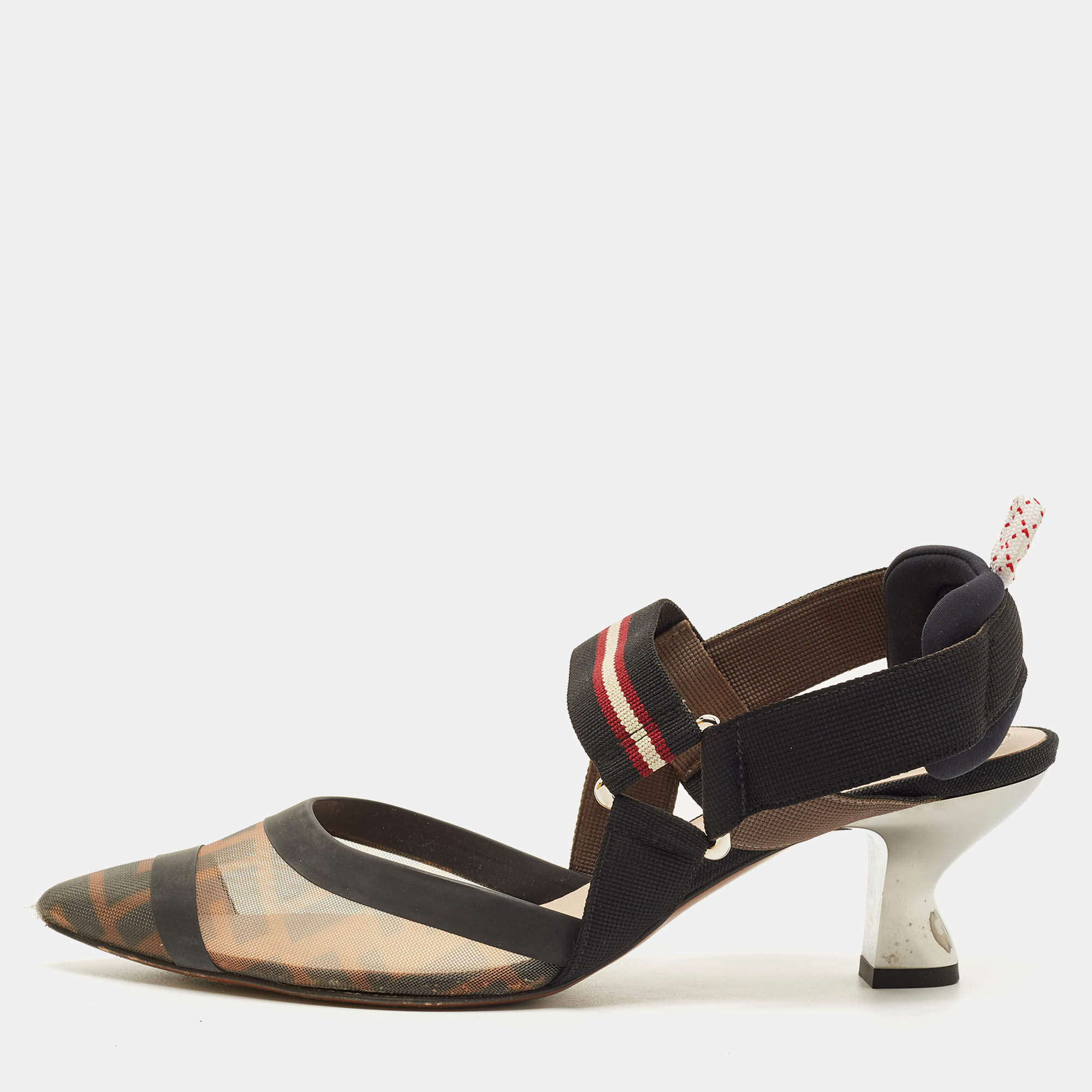 Pre Owned حذاء سليب باك فندي شبك زوكا أسود/بني مقاس 38