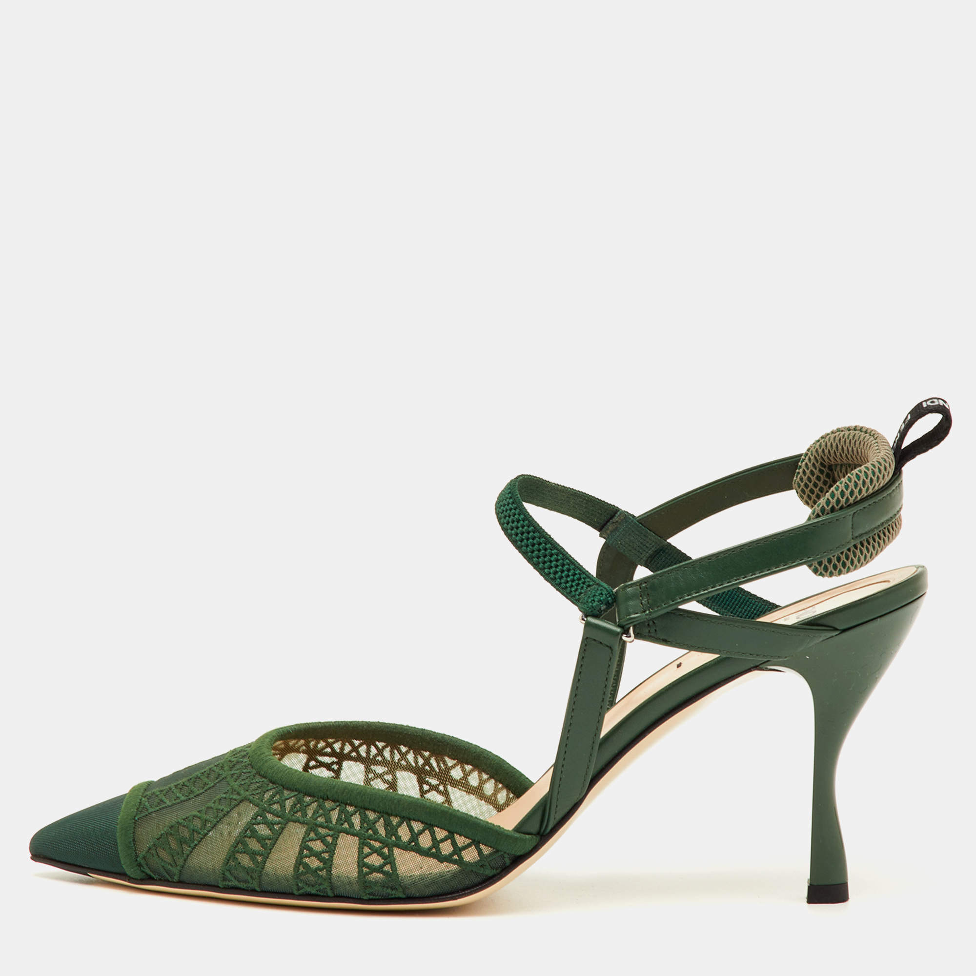 Pre Owned Fendi Colibri Lite Size 40.5 Green Mesh and Leather Pointed Toe Slingback Pumps