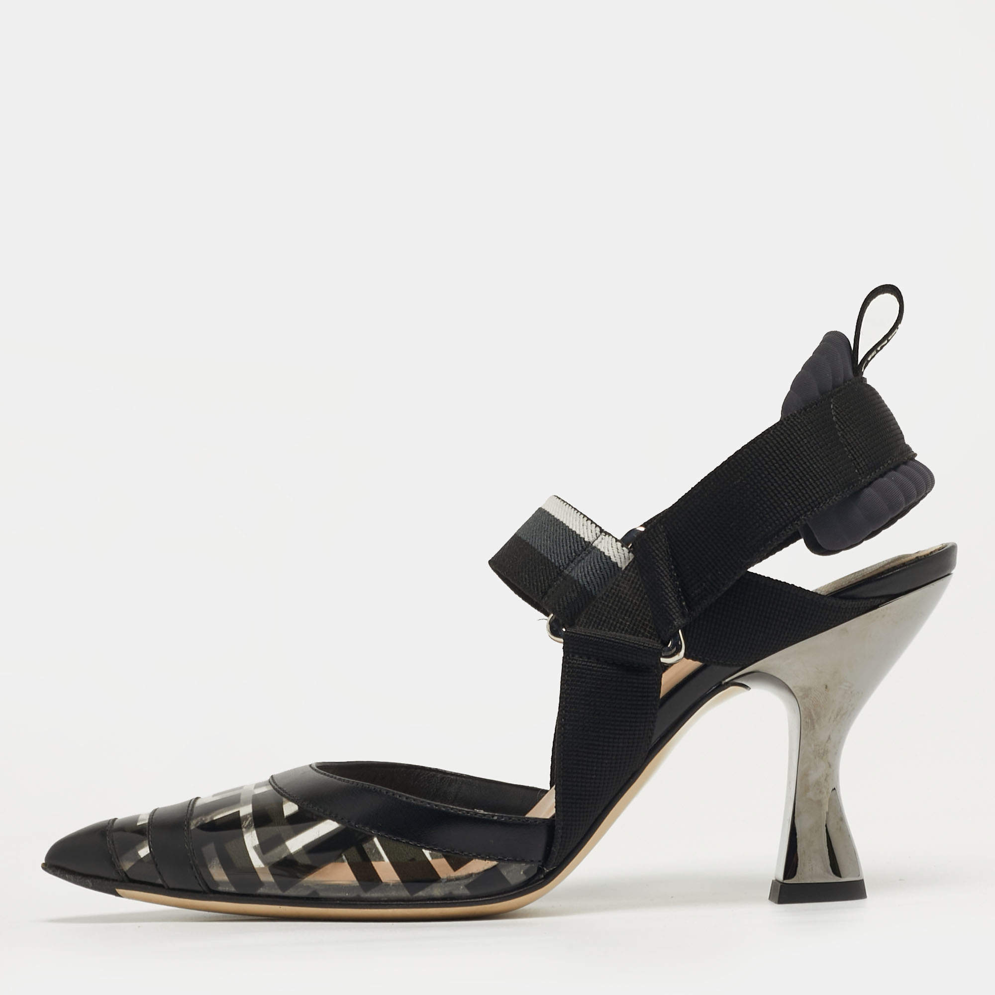 Pre Owned Fendi Colibri Size 36 Black/White PVC and Leather Slingback Pumps