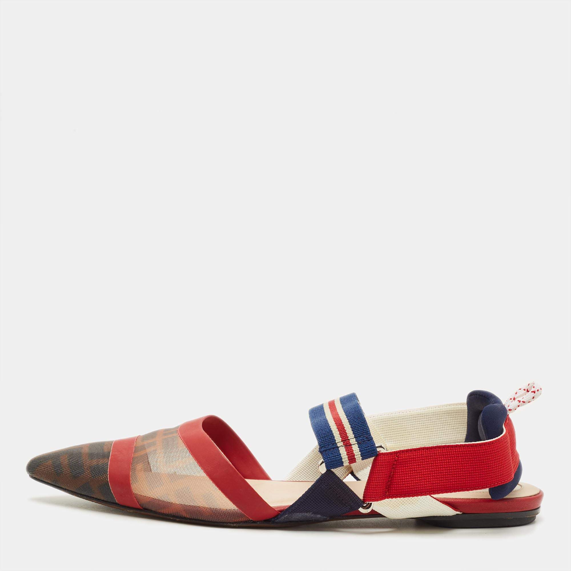 Pre Owned Fendi Colibri Size 39 Multicolor Canvas and Mesh Slingback Flats
