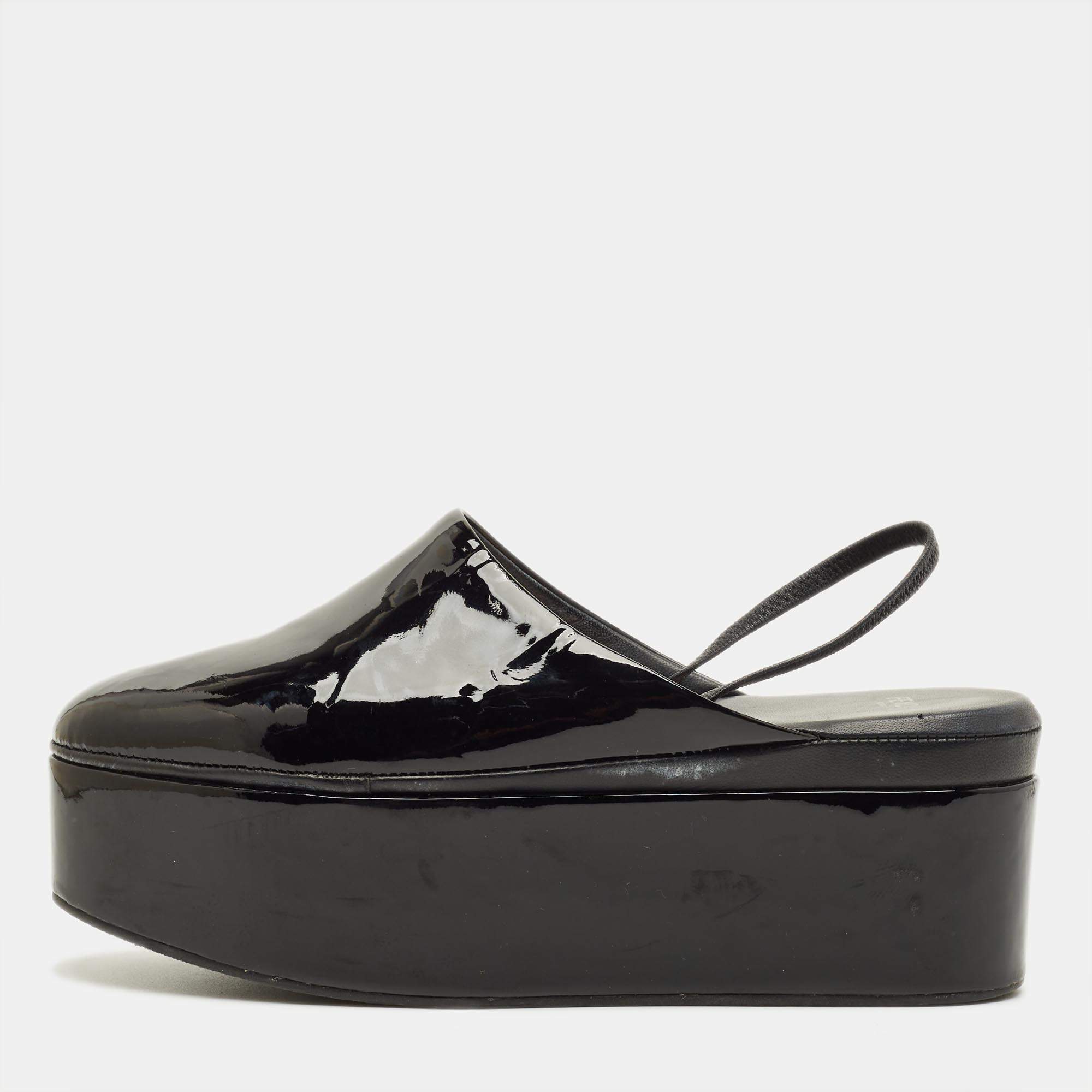 Pre Owned Fendi Size 39 Black Patent Leather Platform Slingback Mules 