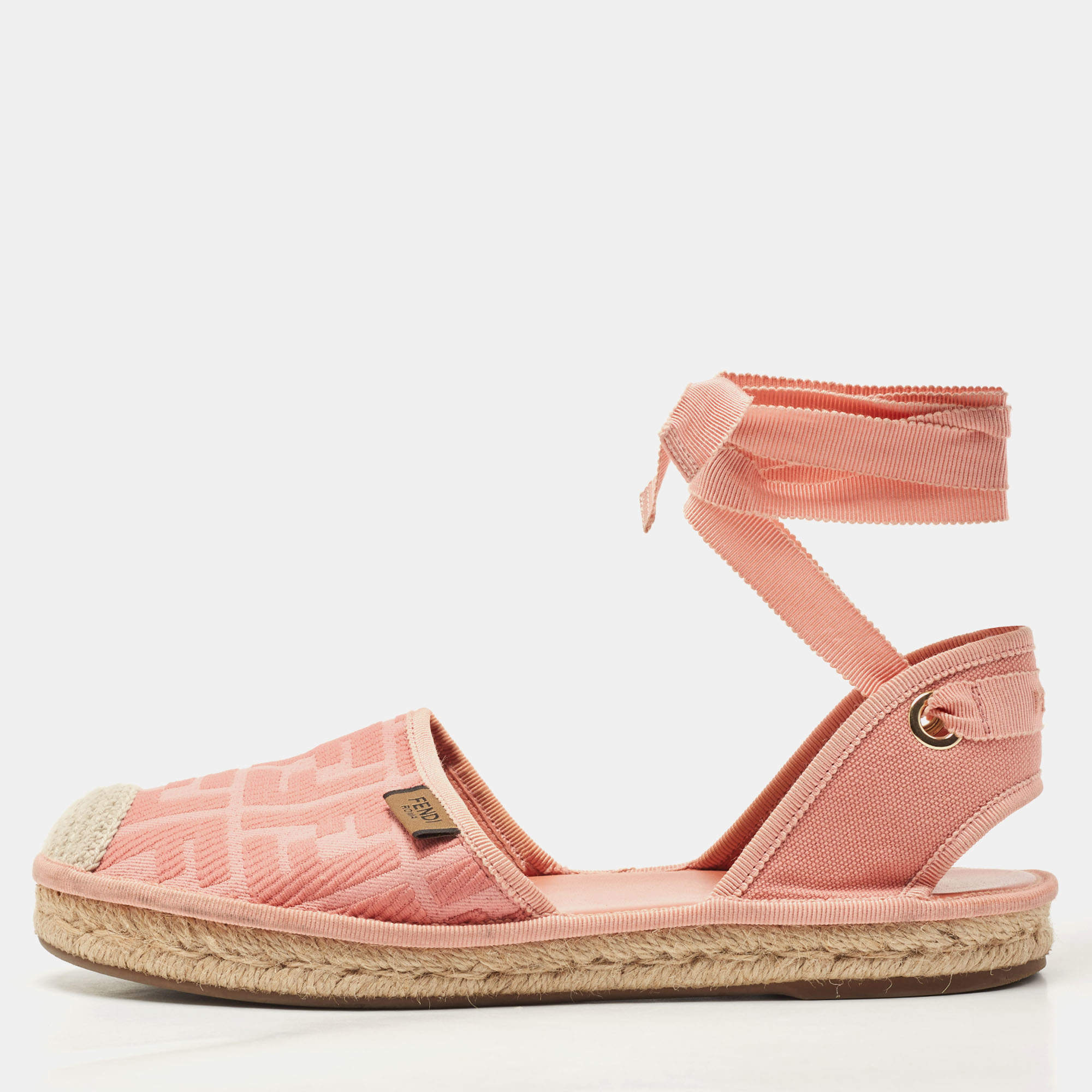 Pre Owned Fendi Size 39 Pink Canvas Ankle Strap Espadrille Sandals