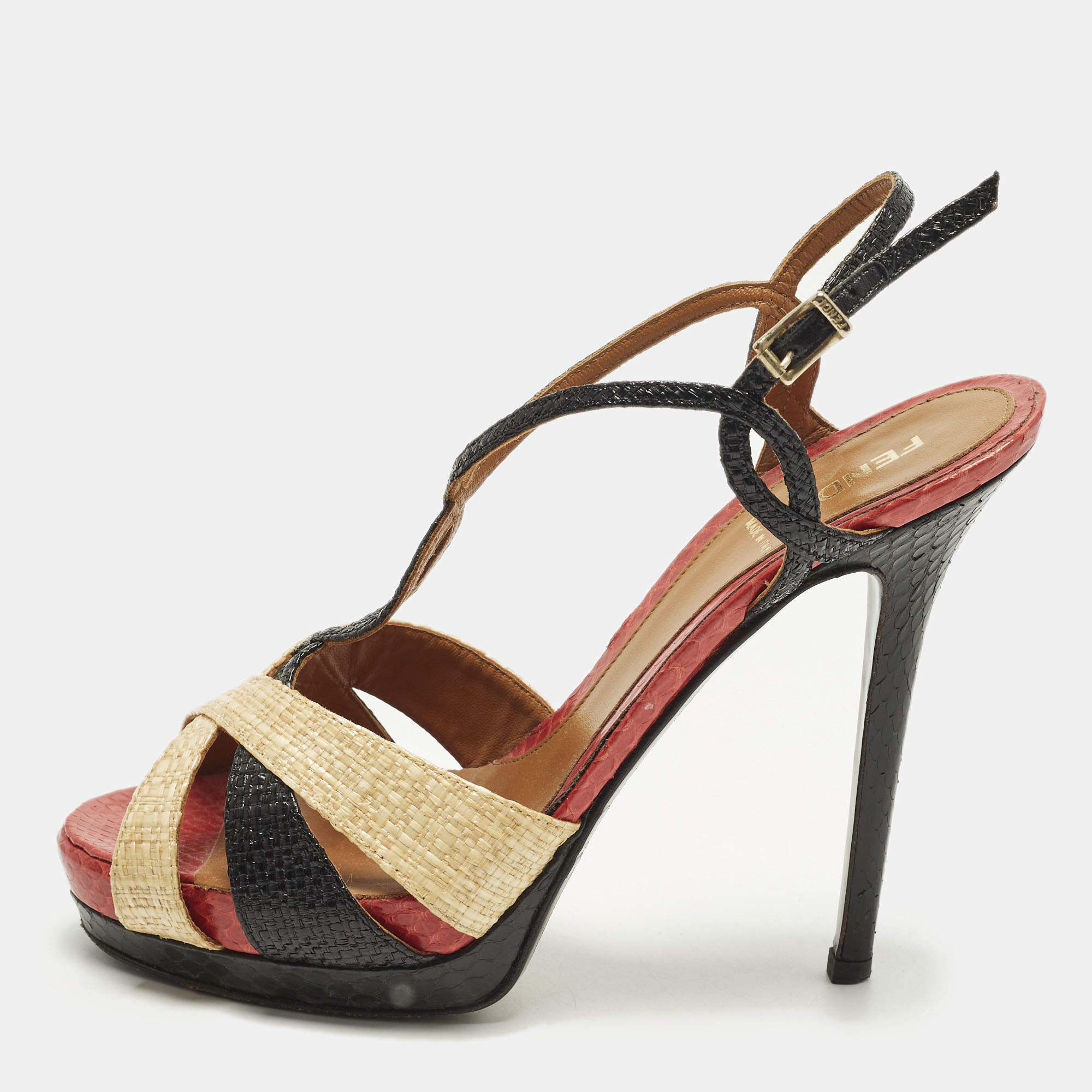 Pre Owned  Fendi Size 38 Tri Color Raffia and Python Platform Slingback Sandals