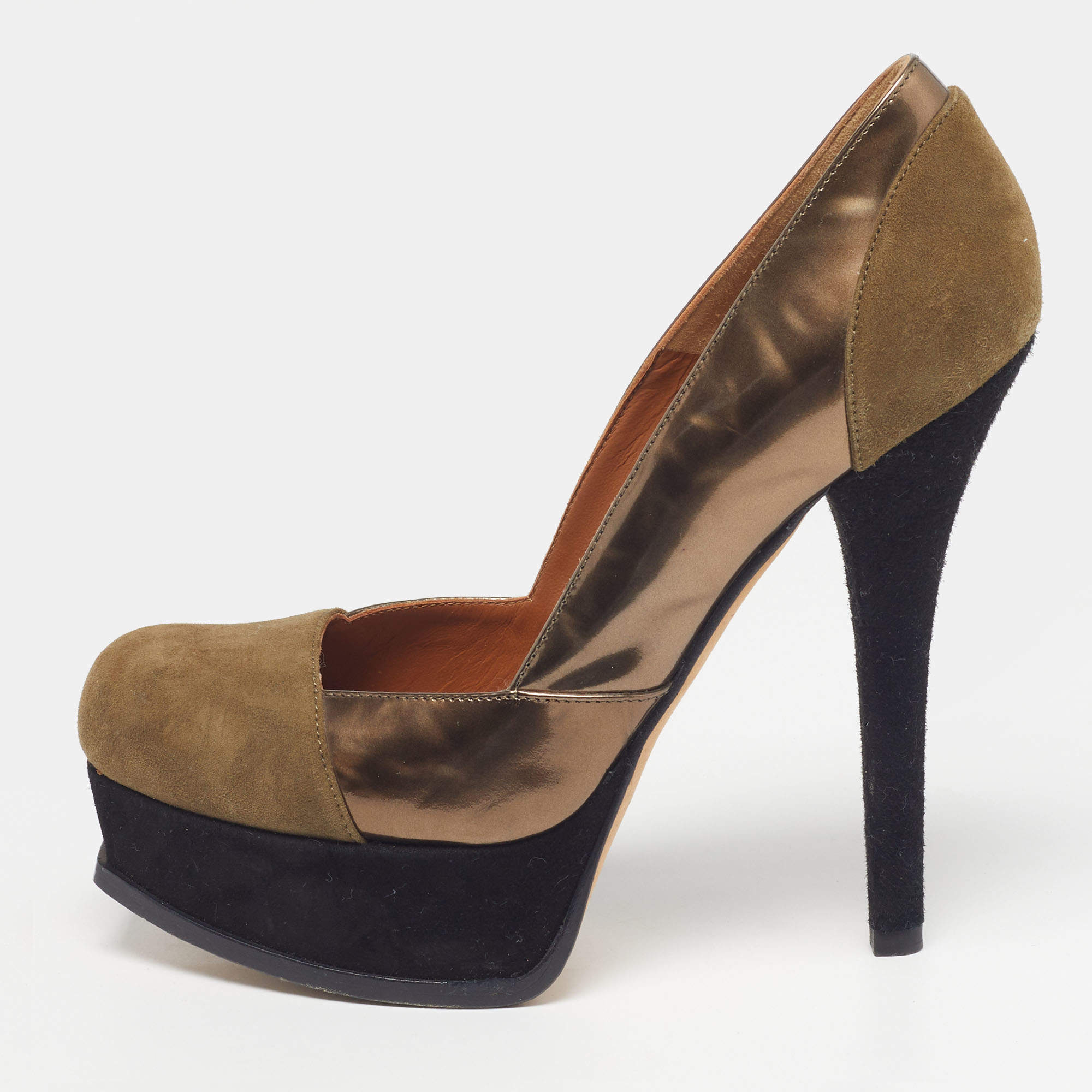 Pre Owned Fendi Fendista Size 38 Green /Gold Leather and Suede Platform Pumps