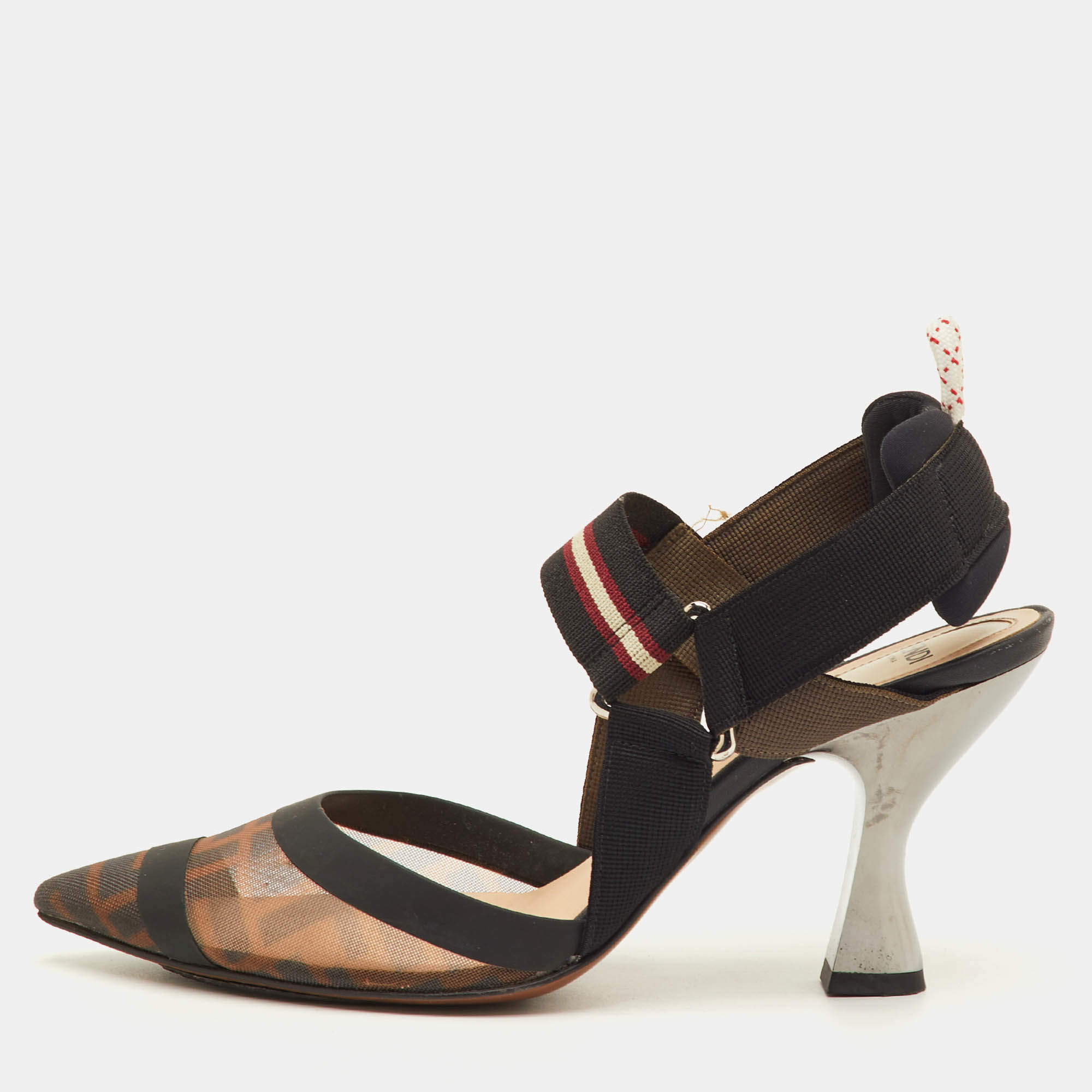 مملوكة مسبقًا Fendi Colibri Size 36.5 Brown/Black Zucca Mesh and Fabric Slingback Sandals