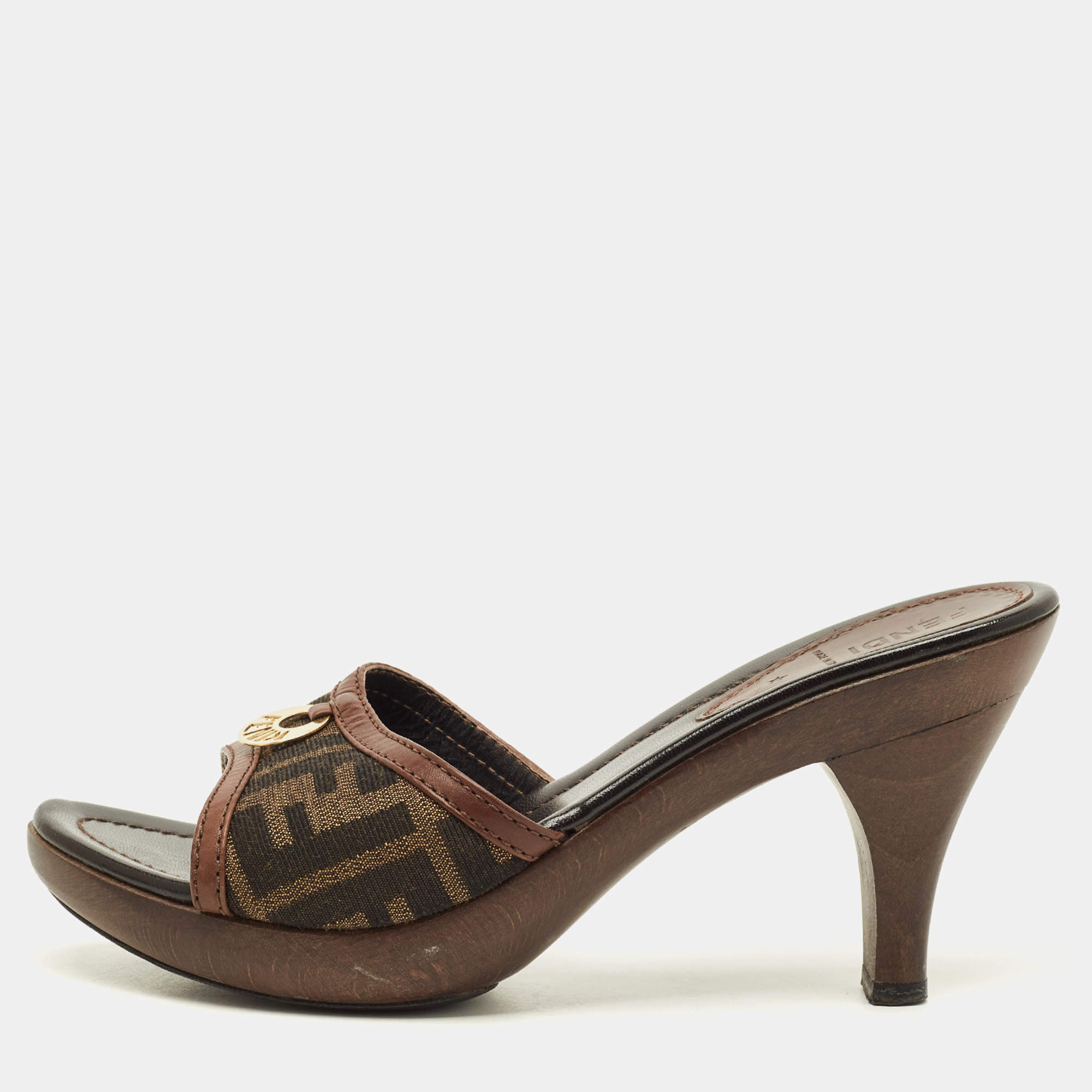 Pre Owned Fendi FF Size 38 Brown Canvas and Leather FF Logo Slide Sandals