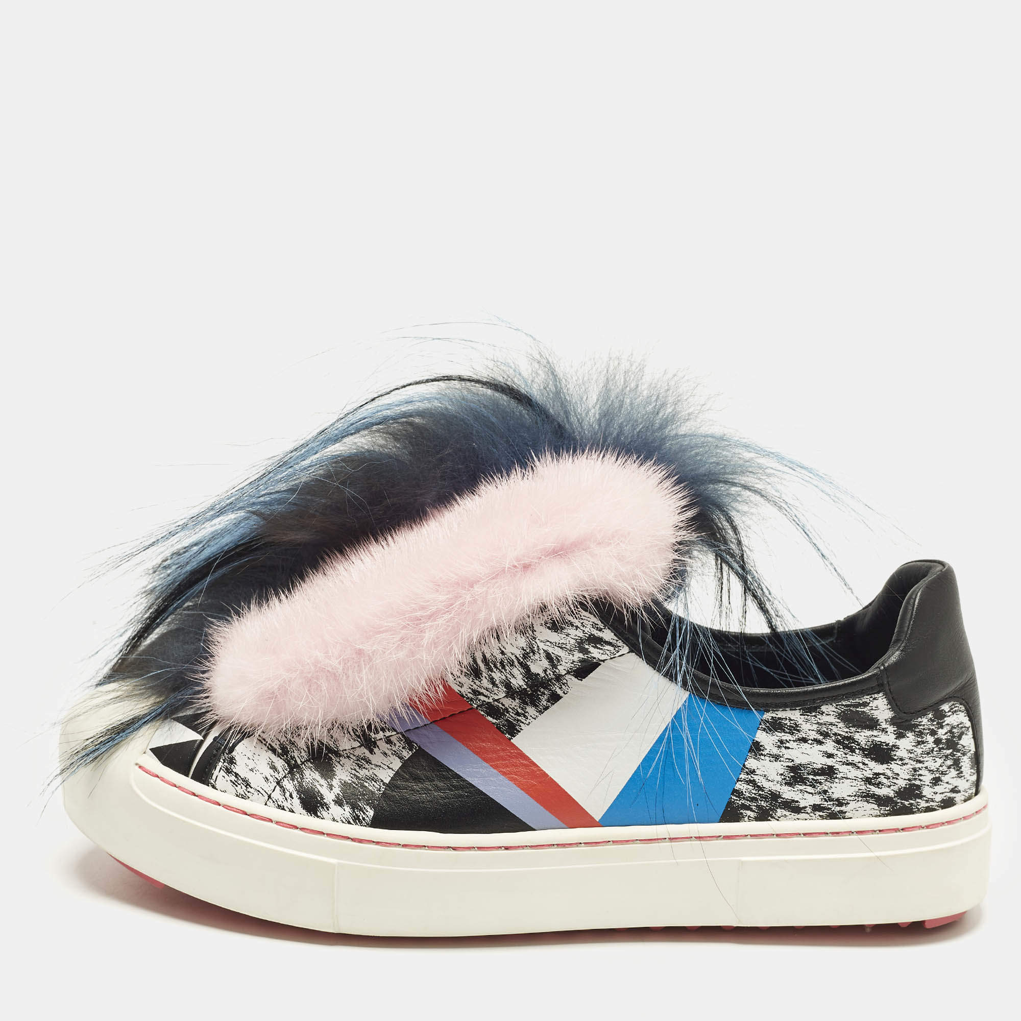 Pre Owned Fendi Flynn Size 38 Multicolor Faux Fur and Leather Low Top Sneakers