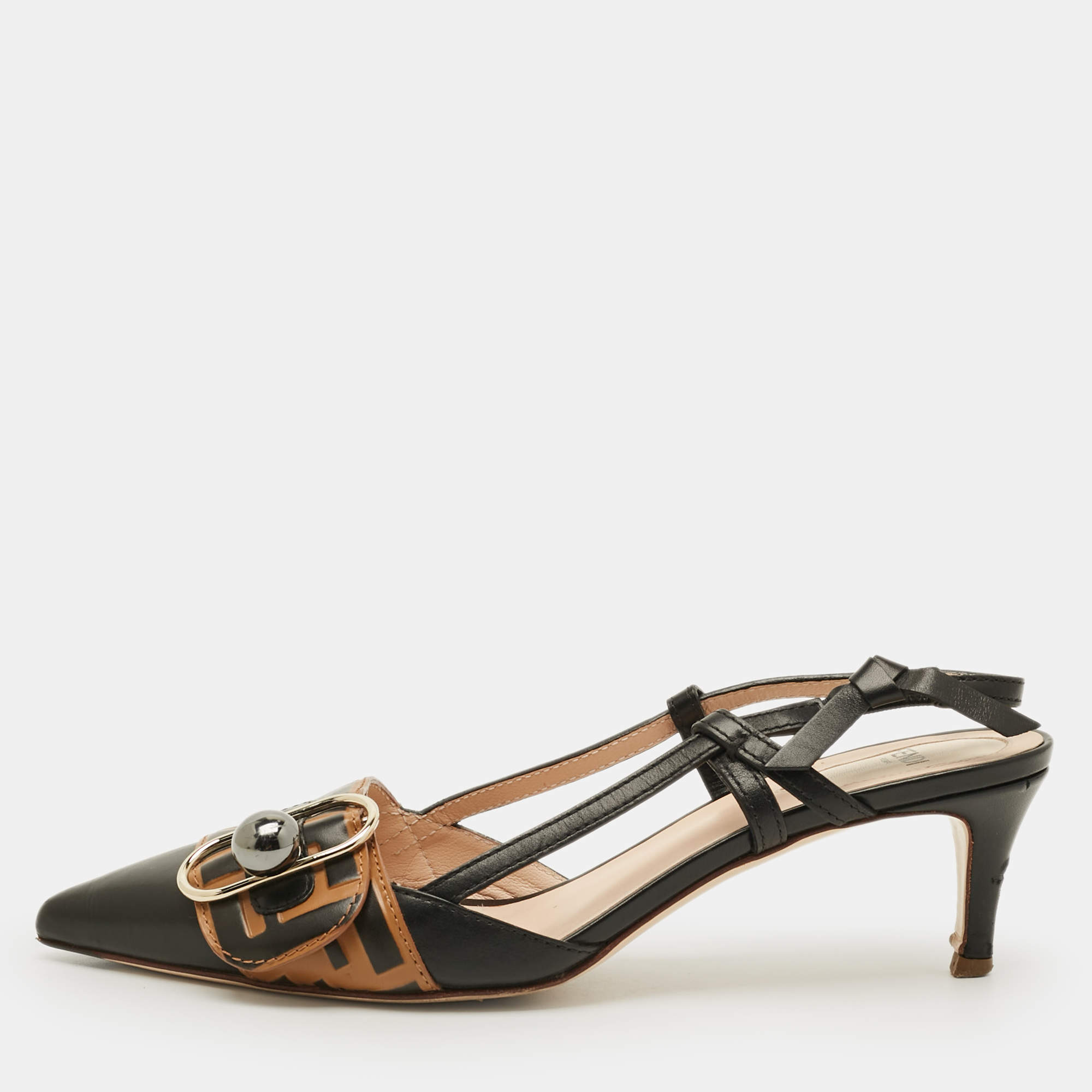 Pre Owned حذاء كعب عالي فندي جلد أسود/بيج حزام خلفي مقاس 38