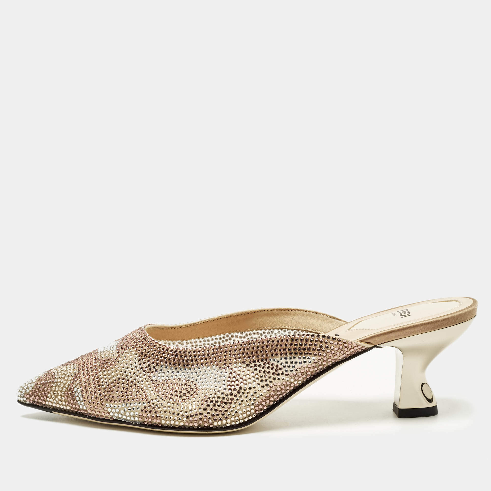 Pre Owned Fendi Colibri Size 38.5 Beige Mesh Crystal Embellished  Mules