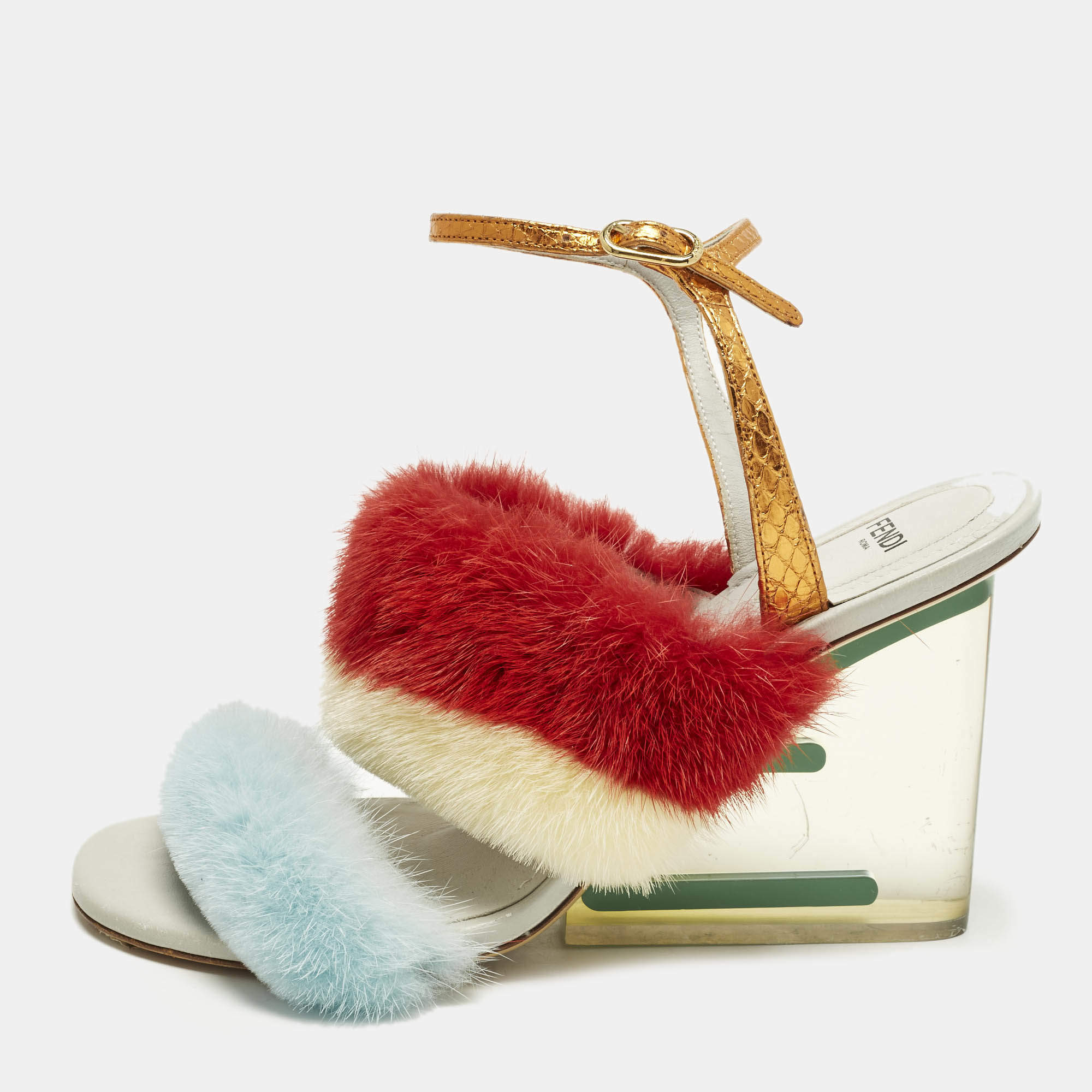 Pre Owned Fendi fendi first Size 39 Multicolor Leather Mink Fur and Python Embossed Leather Wedge Sandals