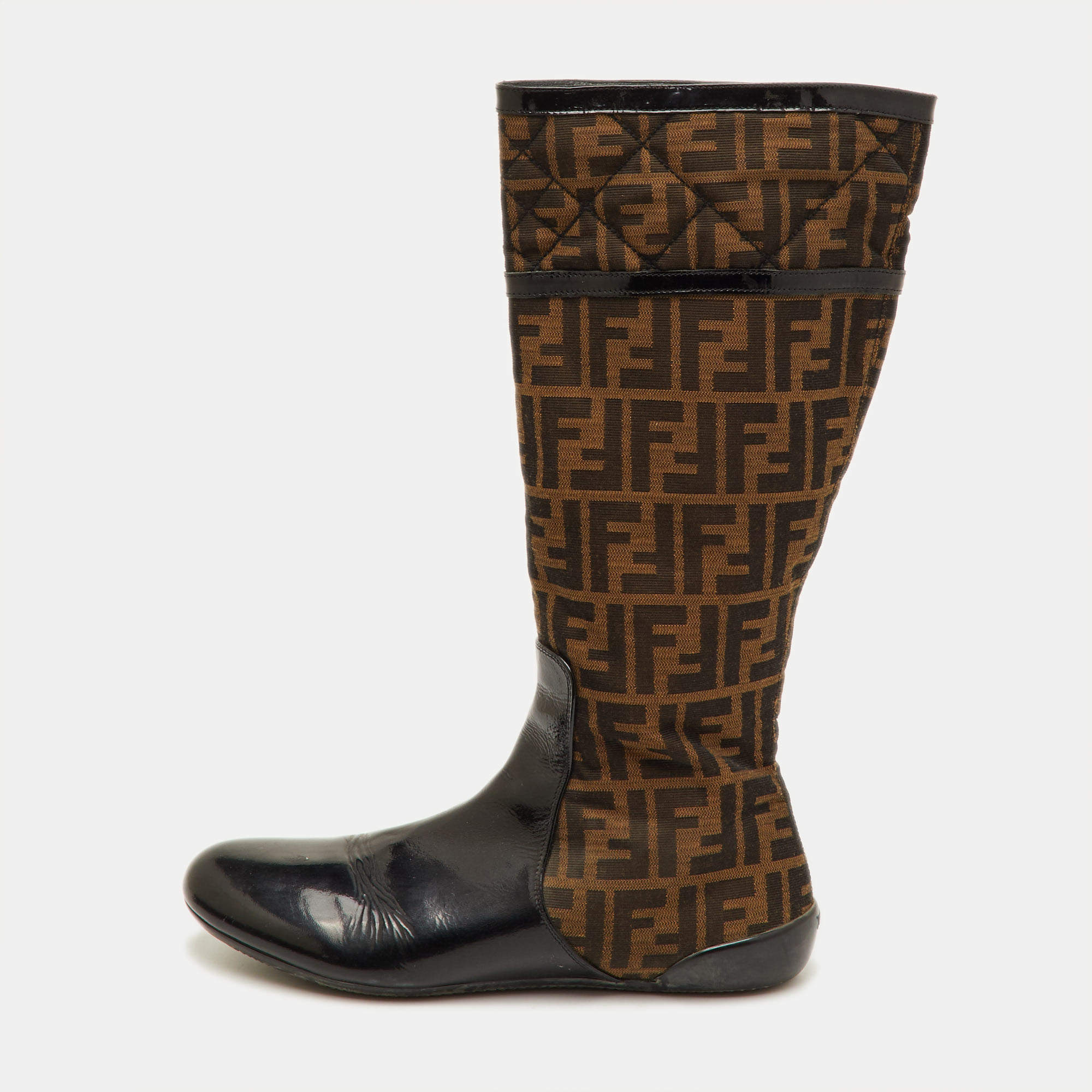 Pre Owned Fendi Size 40 Brown Zucca Fabric Patent Leather Knee Length Boots