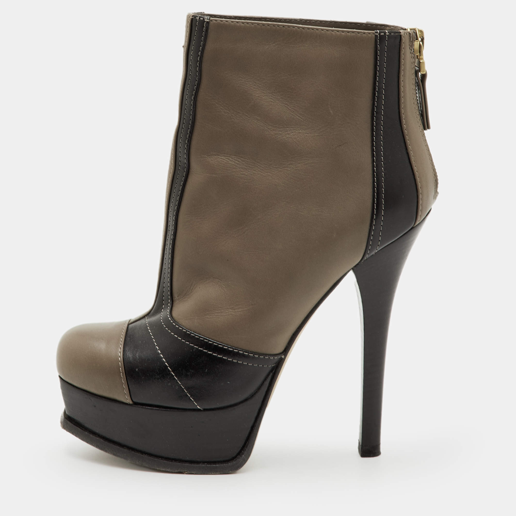 Pre Owned Fendi Fendista Size 36 Taupe Brown/Black Leather Platform Ankle Length Boots