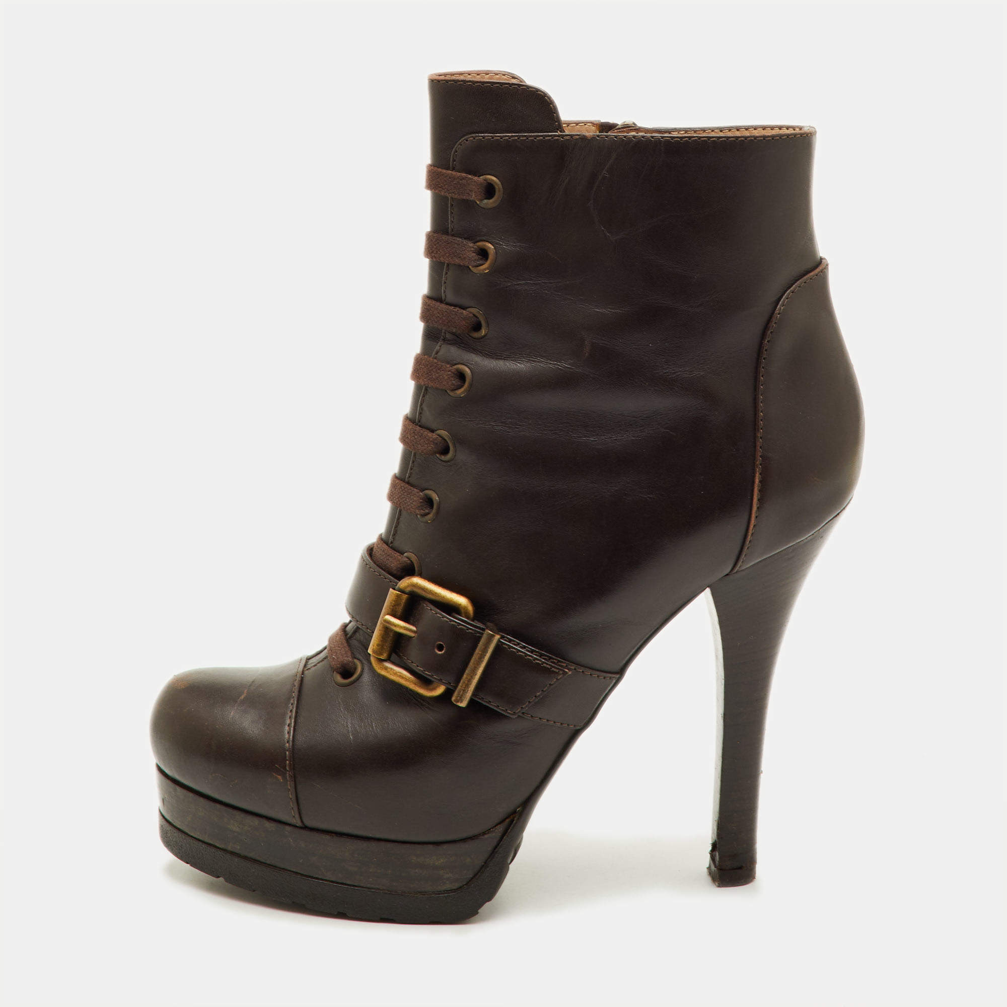 Pre Owned Fendi Size 37.5 Dark Brown Leather Platform Ankle Length Boots
