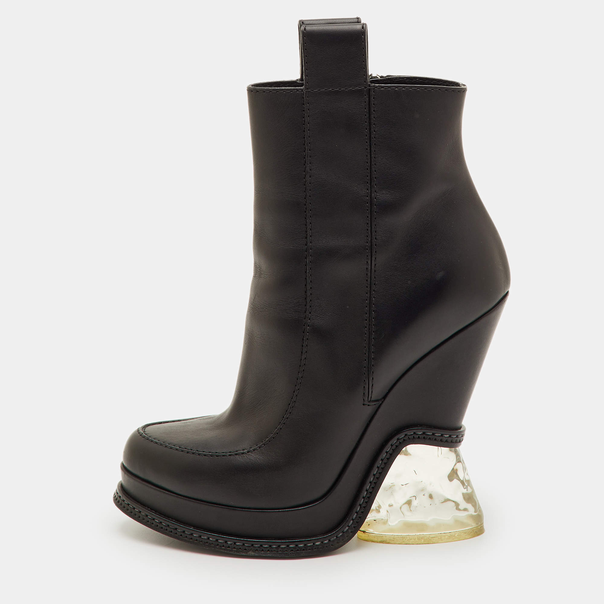 Pre Owned Fendi Size 38 Black Leather Zip Up Platform Ankle Length Boots