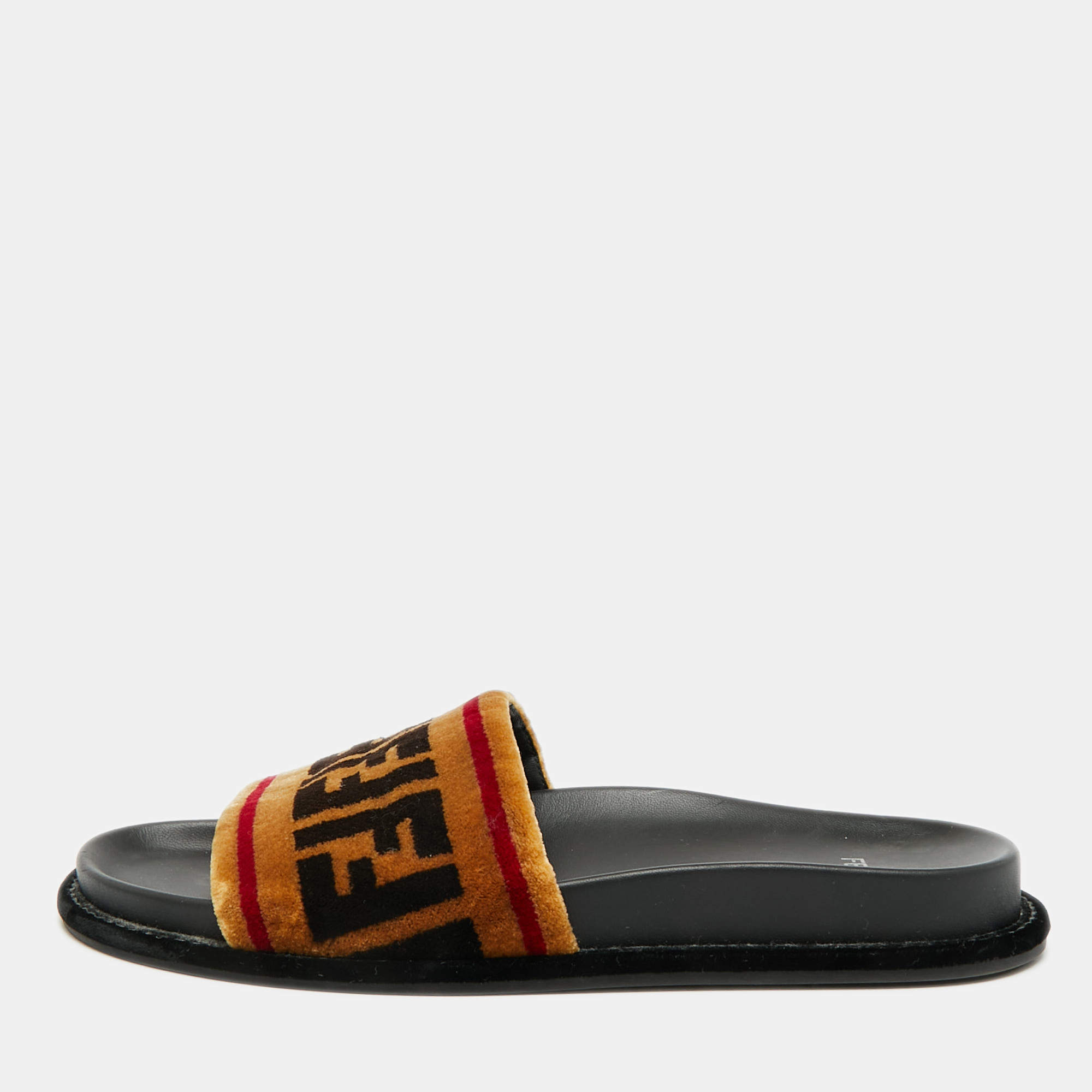 Pre Owned Fendi Size 39 Brown FF Velvet Flat Slide
