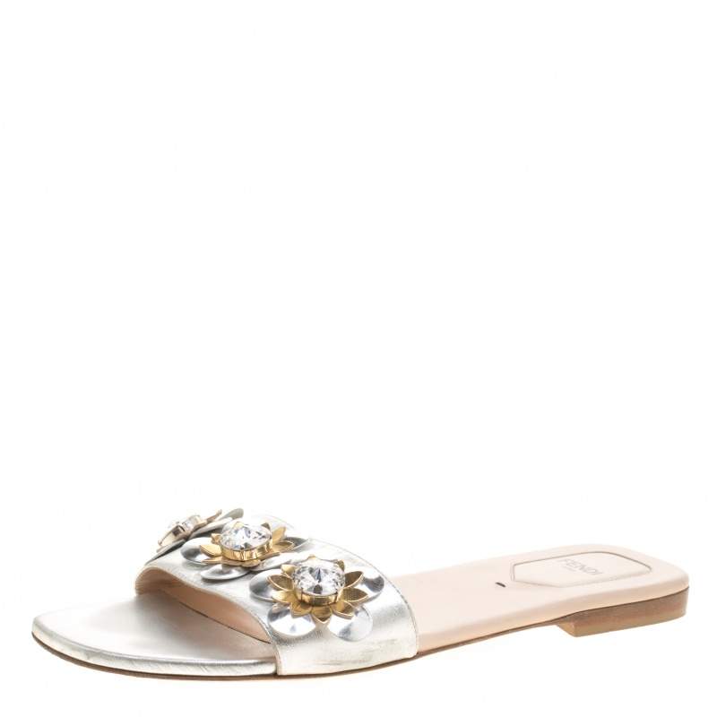 Pre Owned Fendi Metallic Silver Leather Flowerland Flat Slides 38.5