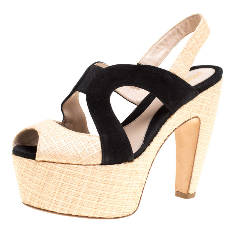 Pre Owned Fendi Suede and Raffia Sligback Platform Sandals Size 36.5