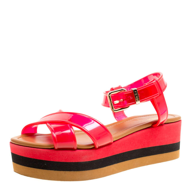 Fendi Red PVC Hydra Crisscross Ankle Strap Platform Sandals Size 37