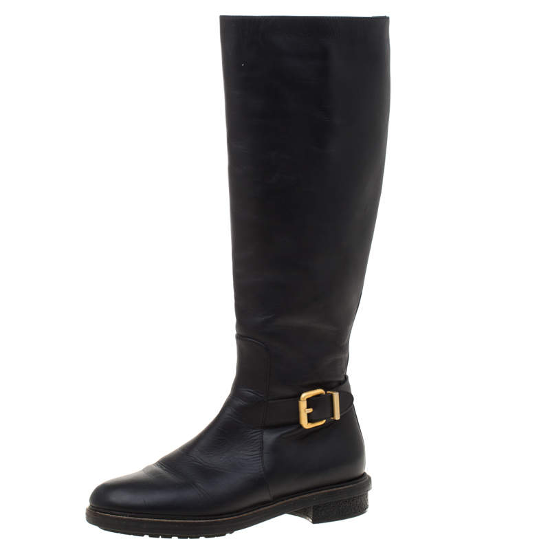 Pre Owned Fendi Black Leather Buckle Detail Knee Length Boots Size 37