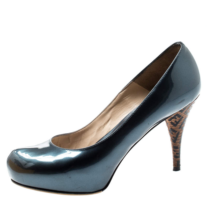 Pre Owned Fendi Blue Patent Leather Logo Heel Platform Pumps Size 36