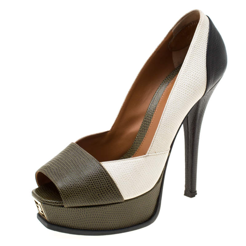 Pre Owned Fendi Multicolor Lizard Leather Fendista Peep Toe Platform Pumps Size 39