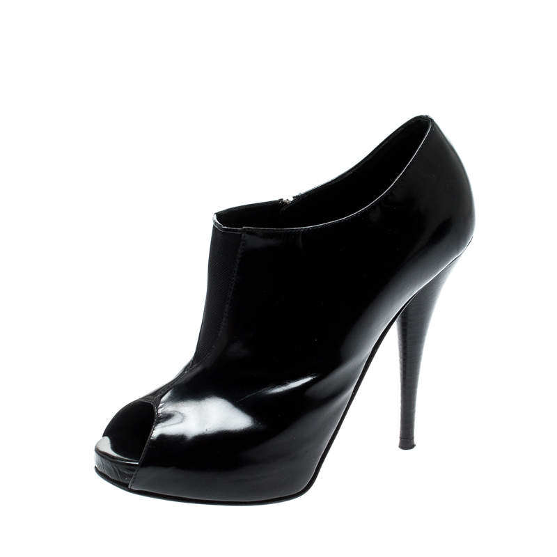 Pre Owned Fendi Black Patent Leather Peep Toe Platform Ankle Booties Size 37