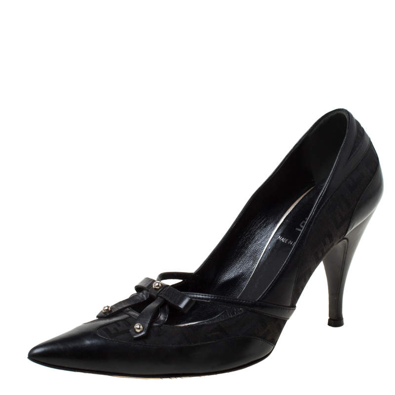 Pre Owned Fendi Black Leather And Canvas Pointed Toe Pumps Size 38
