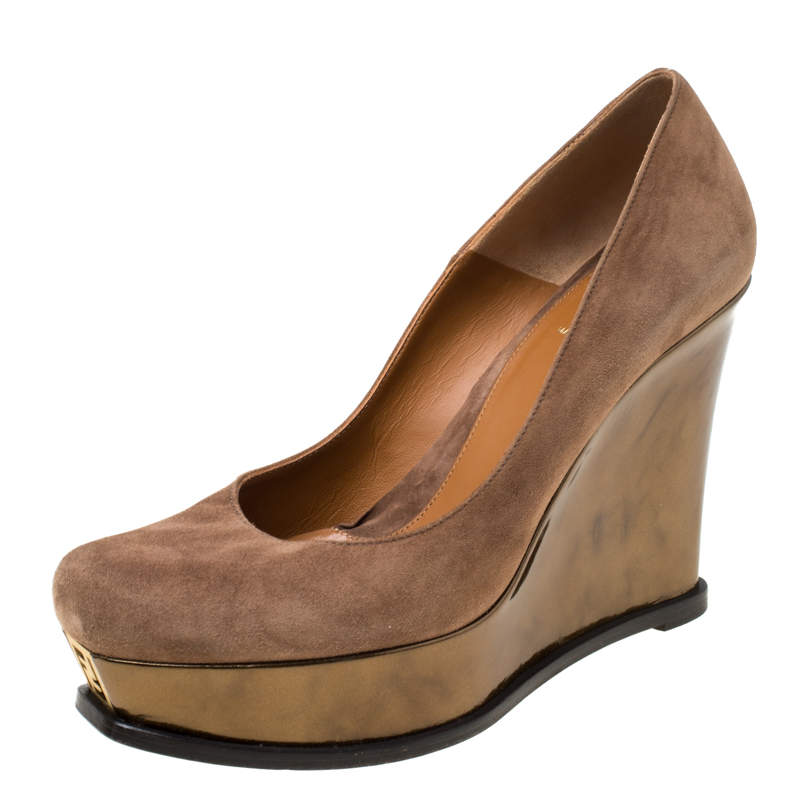 Pre Owned Fendi Brown Suede Platform Wedge Pumps Size 41