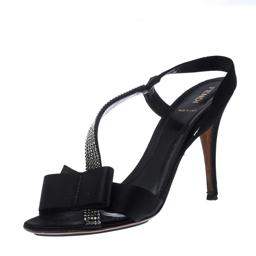 Pre Owned Fendi Black Satin Embellished Bow Slingback Sandals Size 38.5