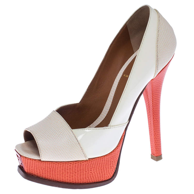 Pre Owned Fendi White Patent Leather And Lizard Embossed Leather Fendista Peep Toe Platform Pumps Size 36