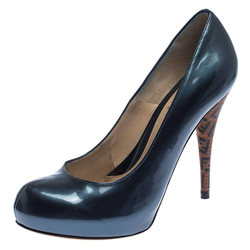 Fendi Blue Patent Leather Zucca Heel Platform Pumps Size 39