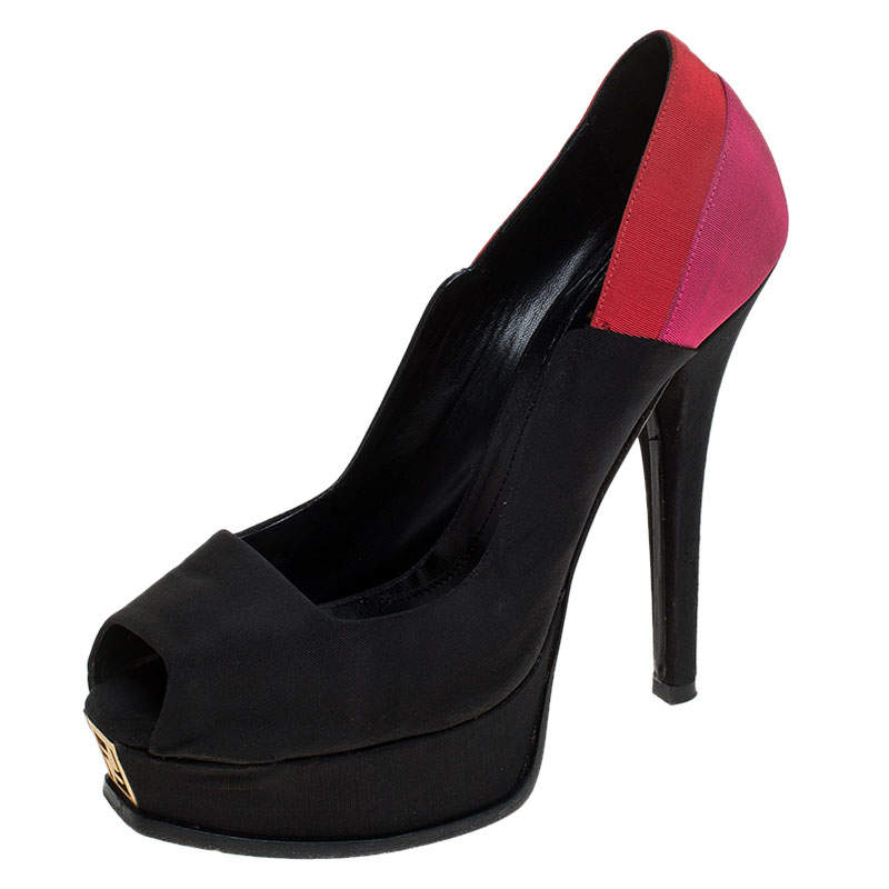 Pre Owned Fendi Tricolor Canvas Fendista Peep Toe Platform Pumps Size 40.5