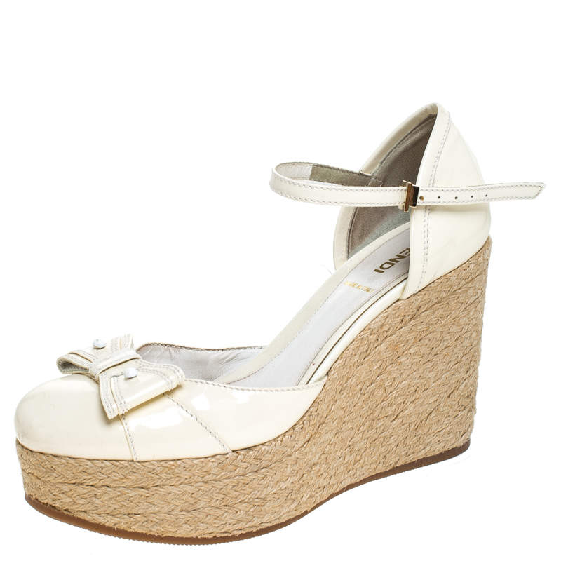 Pre Owned Fendi White Patent Leather Wedges Espadrille Ankle Strap Platform Sandals Size 38