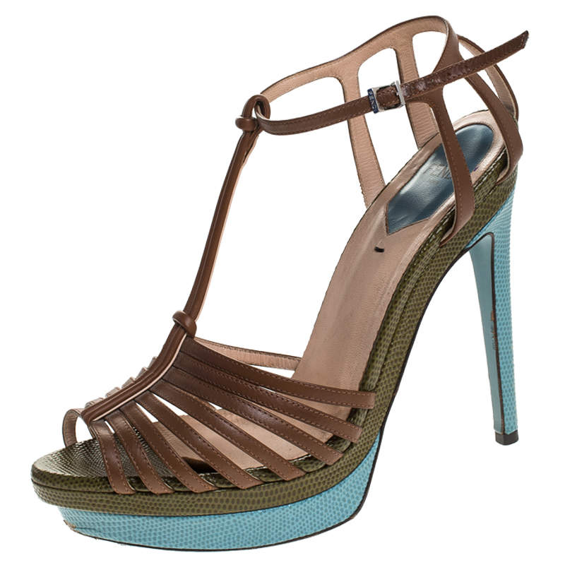 Pre Owned Fendi Brown Leather T Strap Platform Sandals Size 38